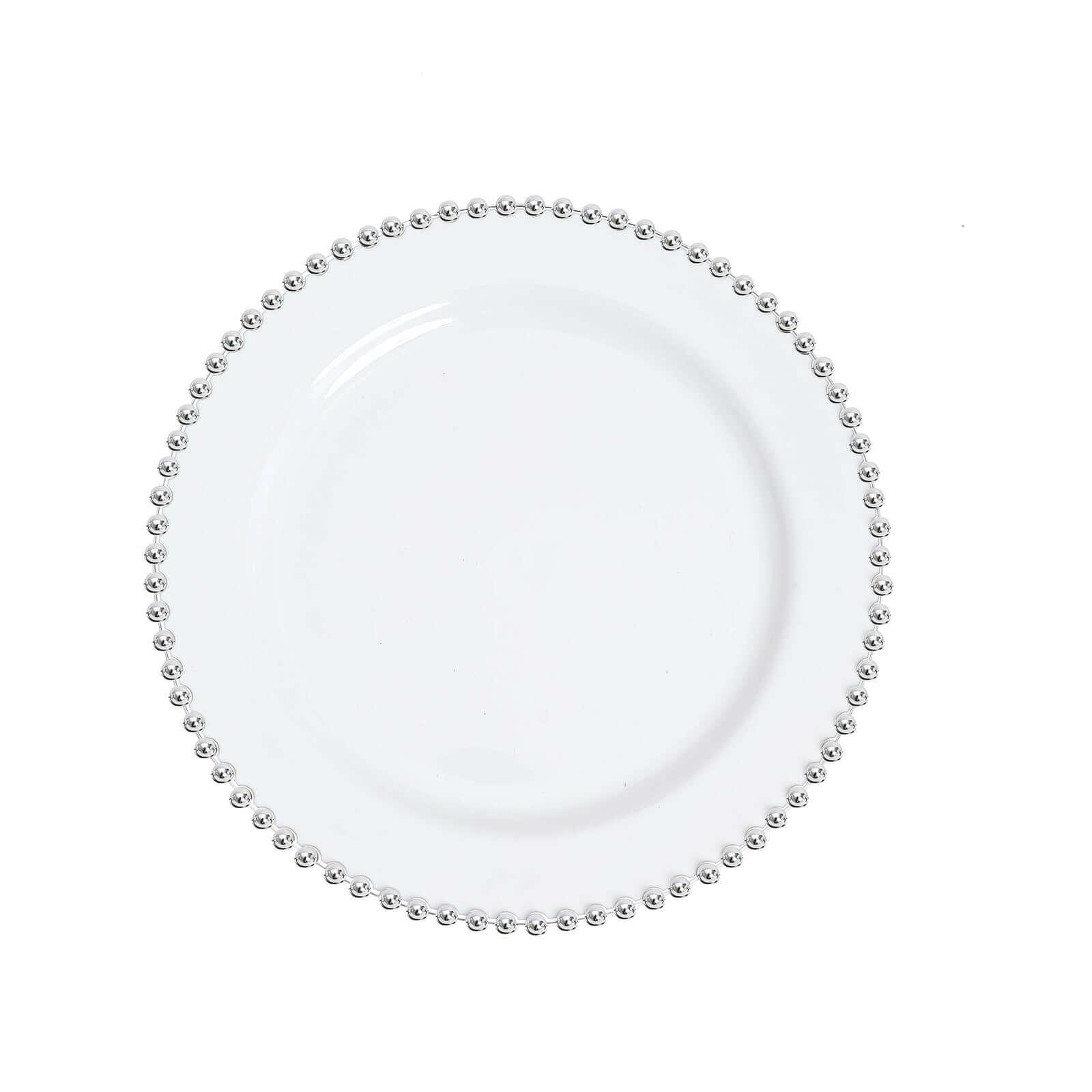 10-Pack Plastic 8 Round Appetizer Dessert Plates in White with Silver Beaded Rim - Disposable Salad Plates