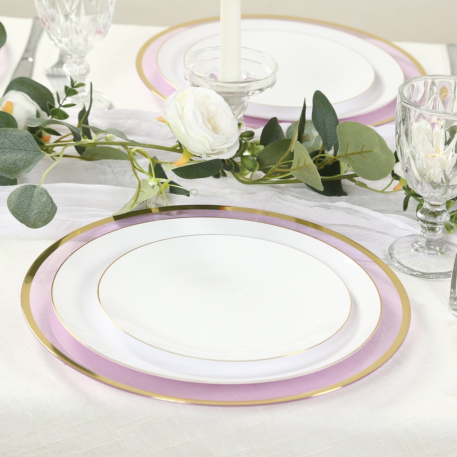 10 Pack Purple Economy Plastic Charger Plates With Gold Rim, 12 Round Transparent Dinner Chargers Event Tabletop Decor