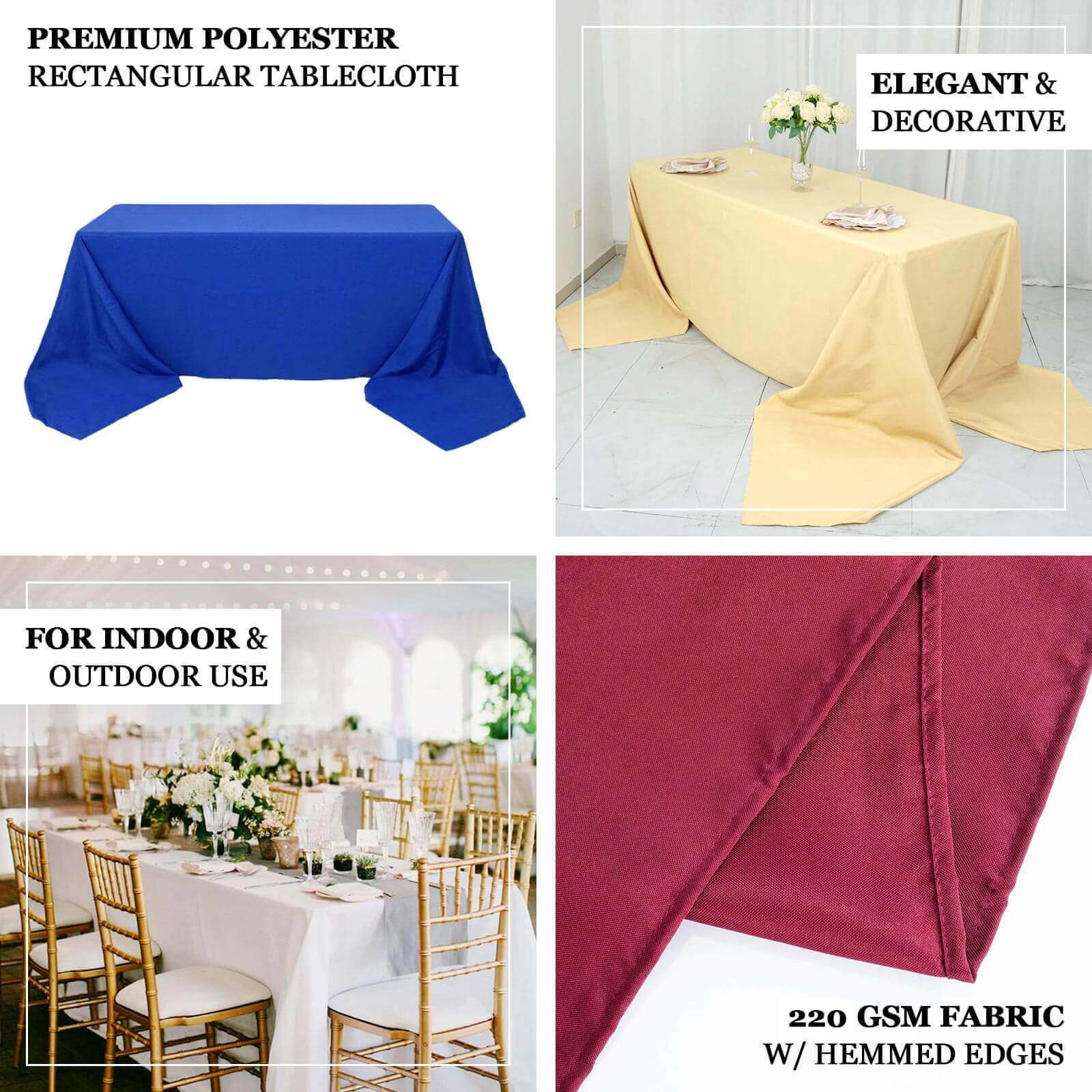 Premium Polyester 90x156 Rectangle Tablecloth Navy Blue - Seamless 220GSM Stain-Resistant Table Cover