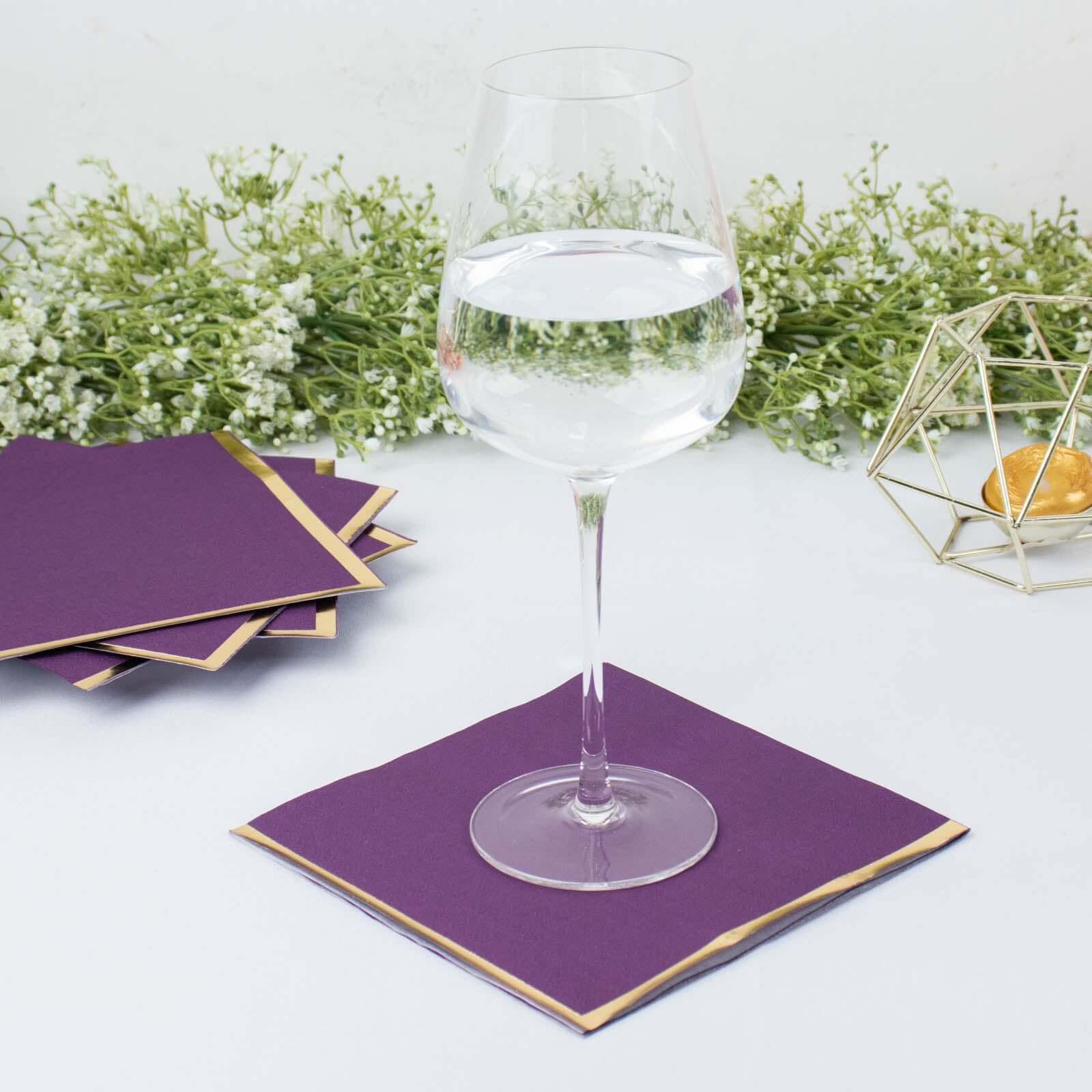 50-Pack Paper Beverage Napkins with Gold Foil Edge Purple - Disposable 2 Ply Cocktail Napkins for Events 6.5x6.5