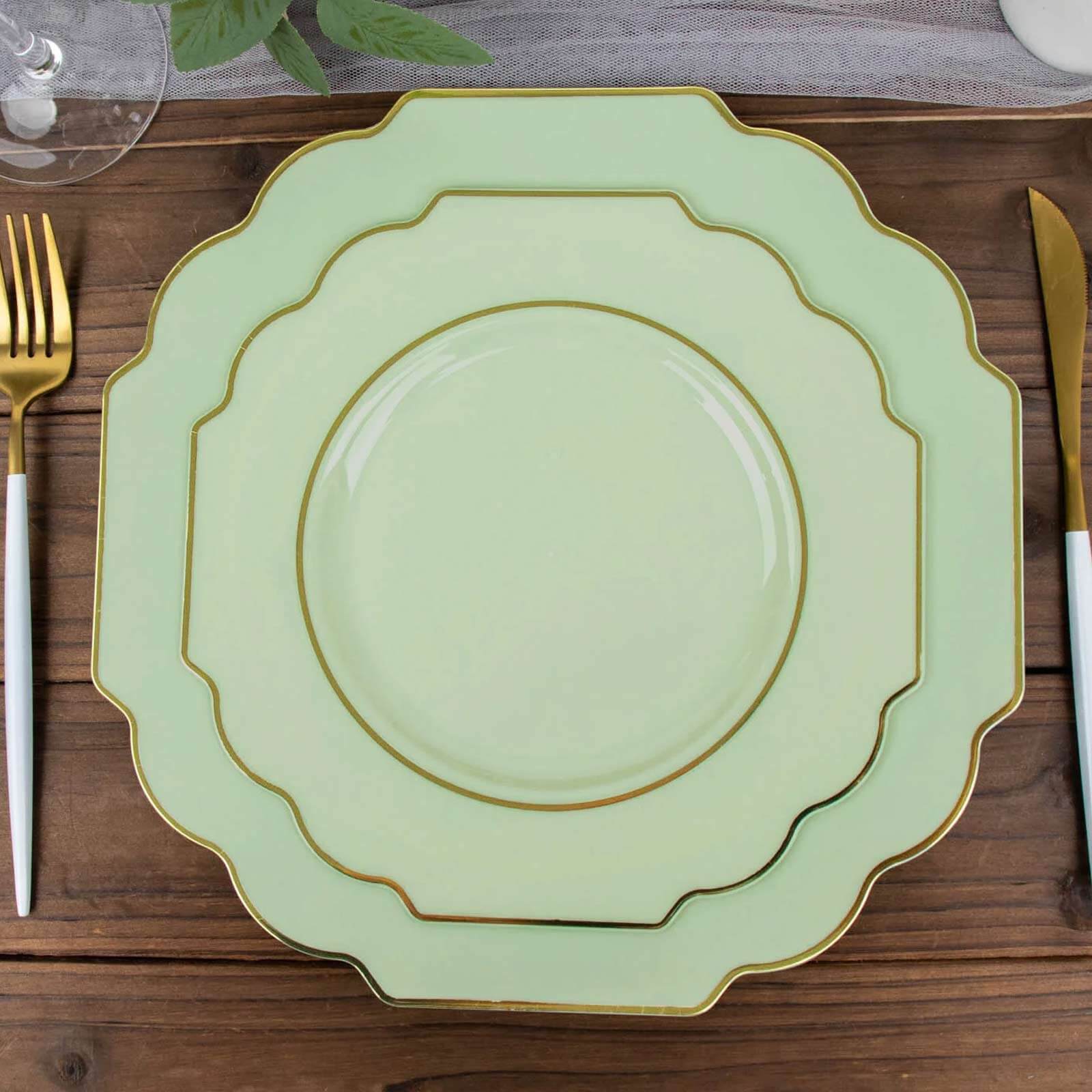 10-Pack Plastic Dessert Appetizer Plates in Sage Green Baroque Design with Scalloped Gold Rim - Heavy Duty Disposable Salad Plates 8