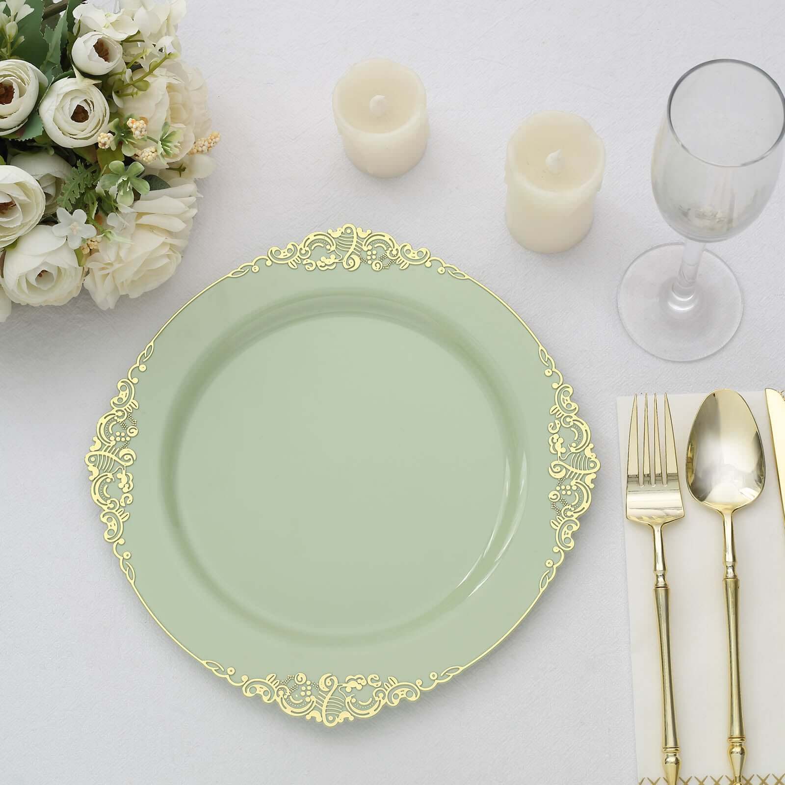 10-Pack Plastic 10 Round Dinner Plates in Sage Green with Gold Leaf Embossed Rim - Disposable Vintage Baroque Style Plates