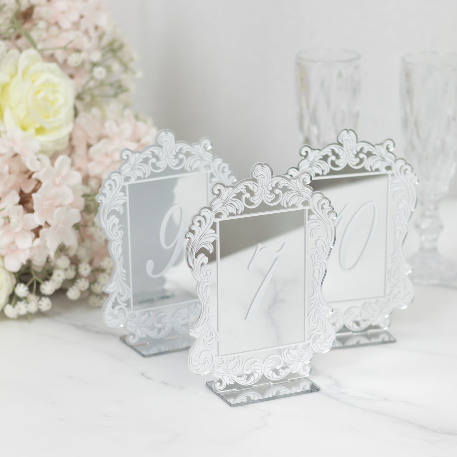 Silver Mirror Arch Acrylic Table Numbers (1-10) - 5x7 Wedding Reception Signs with Baroque Lace Border, White Print & Stands