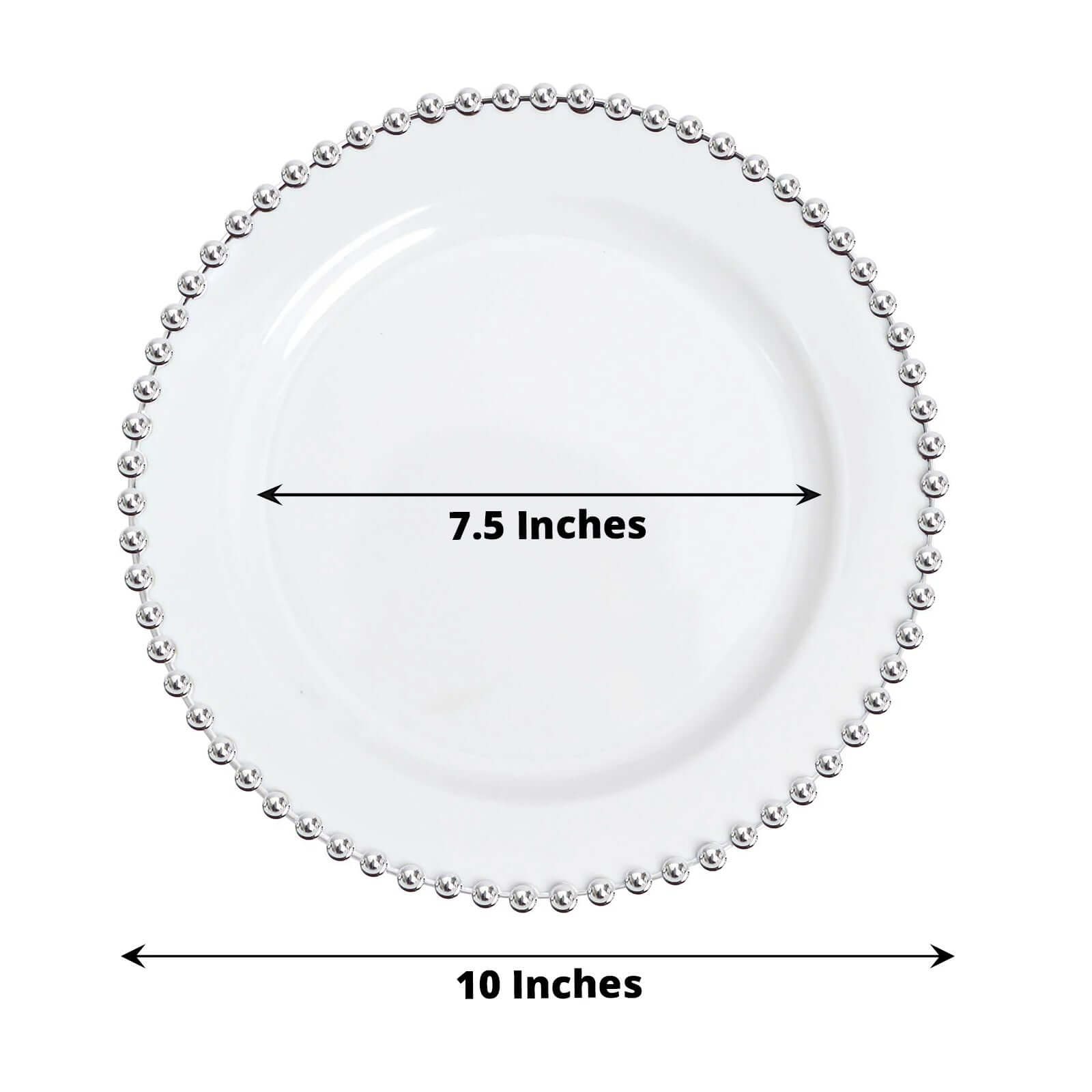 10-Pack Plastic 10 Round Dinner Plates in White with Silver Beaded Rim - Disposable Party Plates