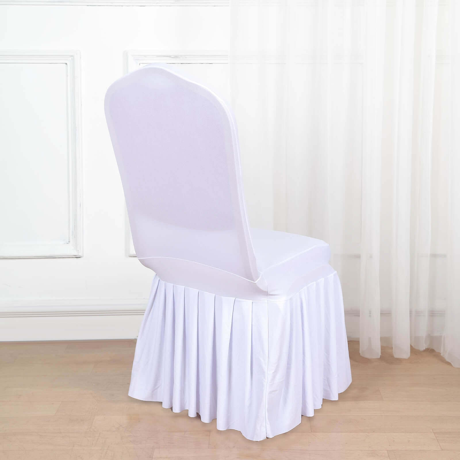 Spandex Chair Cover with Ruffle Pleated Skirt for Banquet Chairs White - Stylish 1-Piece Stretch Fitted Design