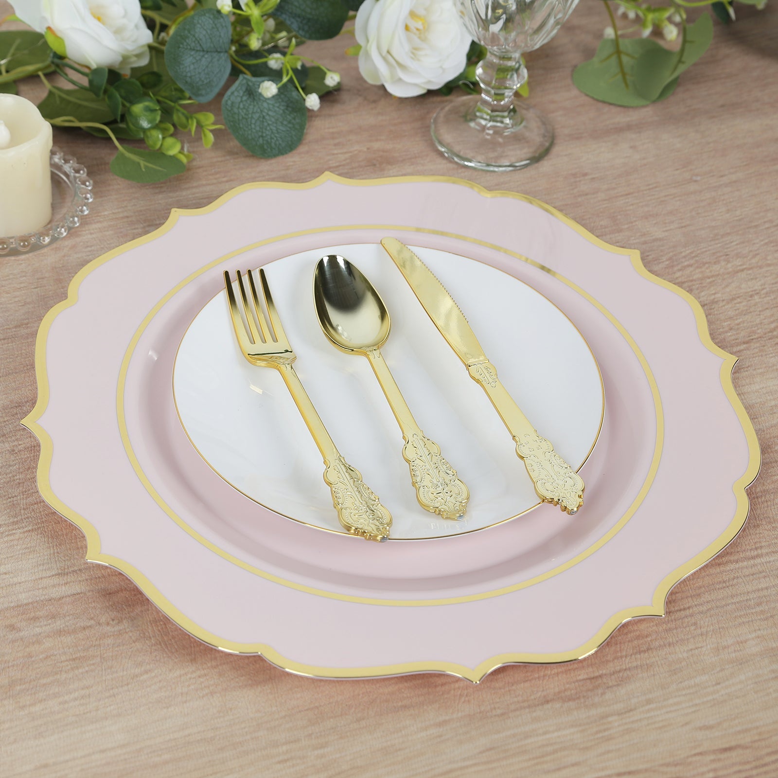 10-Pack Economy Plastic Round Charger Plates 13 in Blush with Gold Scalloped Rim, Decorative Dinner Party Serving Plates