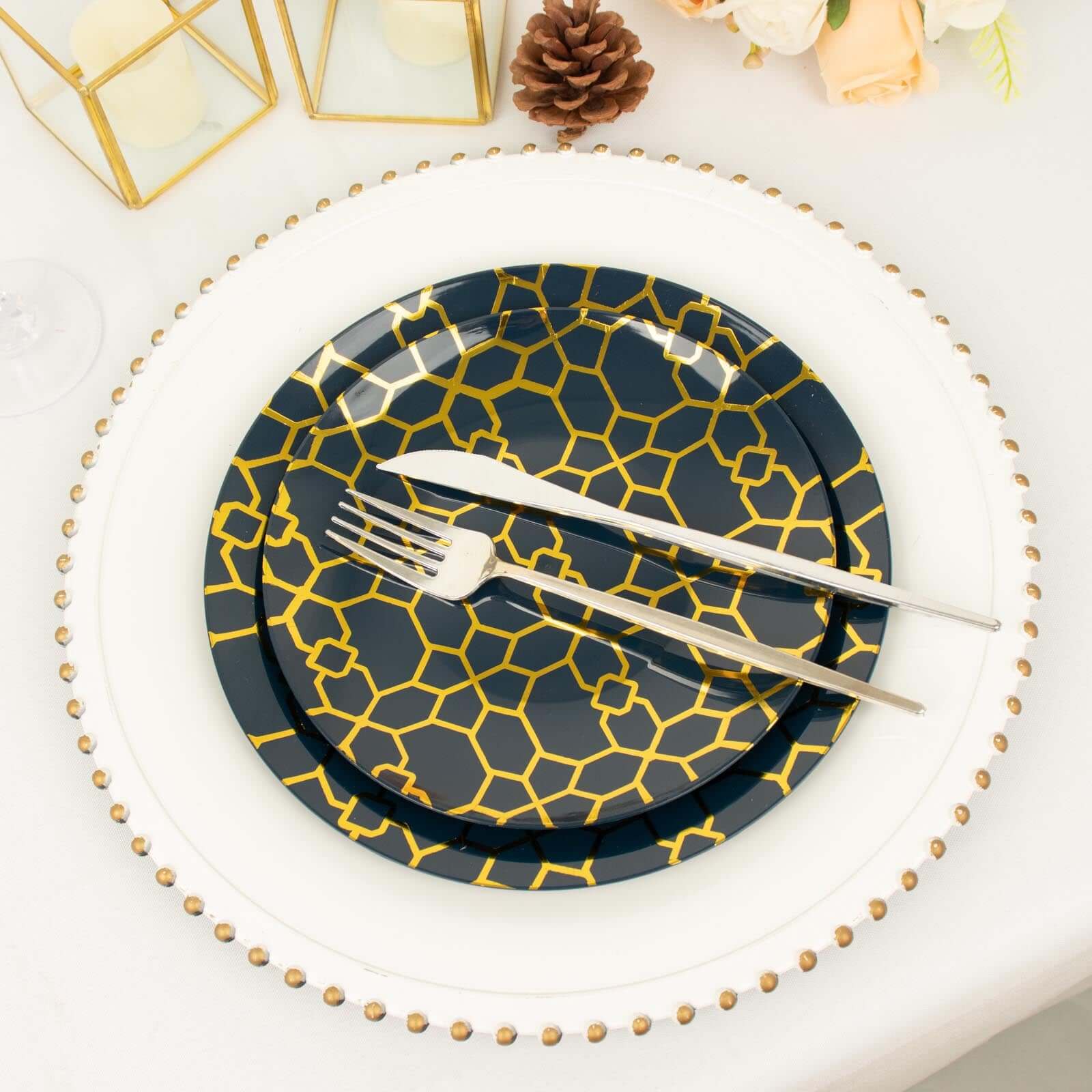 20-Pack Set Plastic Round Dinner and Salad Plates in Navy Blue with Geometric Gold Print - Modern Disposable Dinnerware Set for Weddings & Celebrations 9, 7