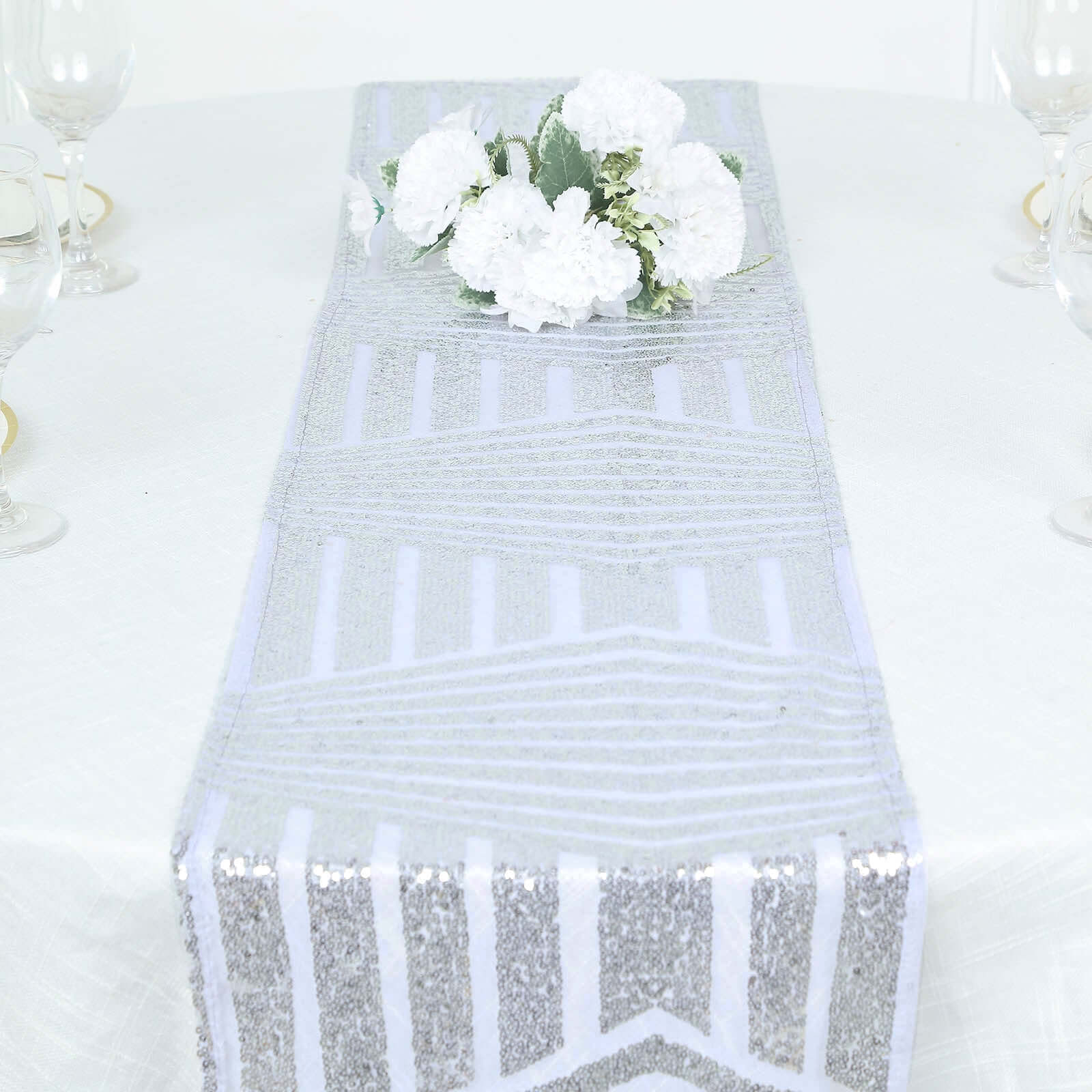 Sequin 12x108 Table Runner Silver - Diamond Glitz Design