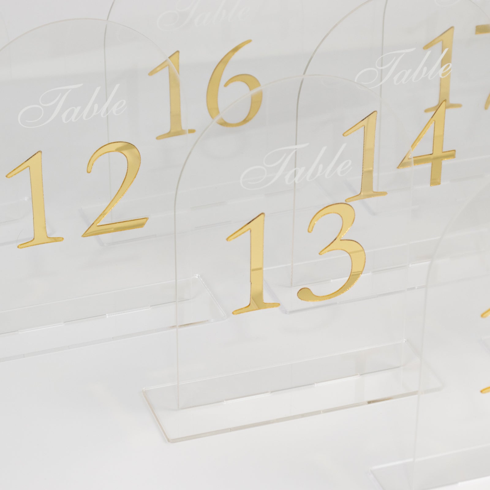 Clear Arch Acrylic Table Numbers (11-20) - 6x7 Wedding Reception Signs with Gold Print & Stands