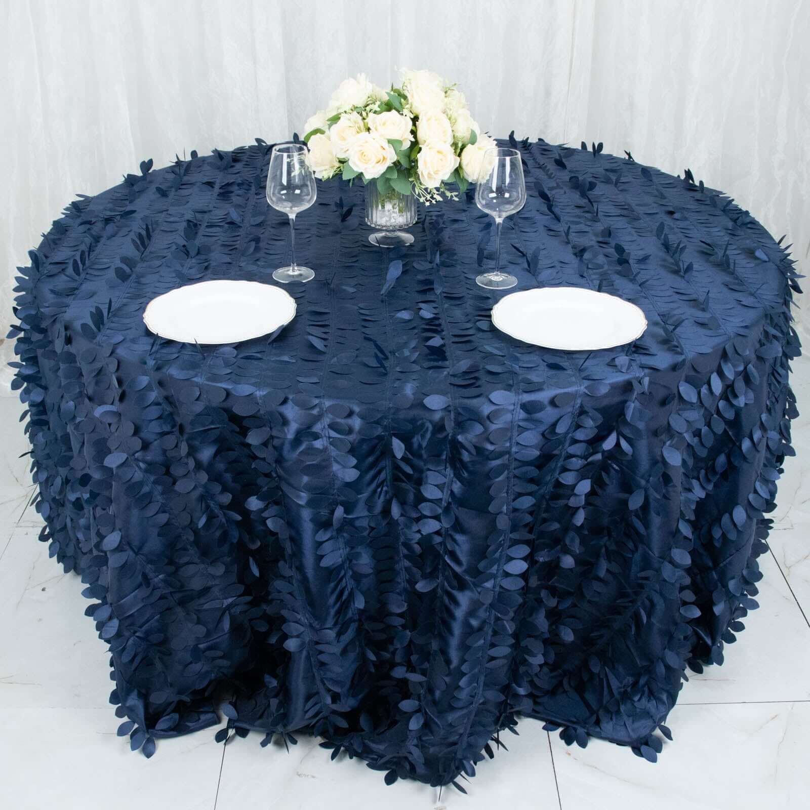 Taffeta 132 Round Tablecloth Navy Blue | 3D Leaf Petal Design Seamless Table Cover