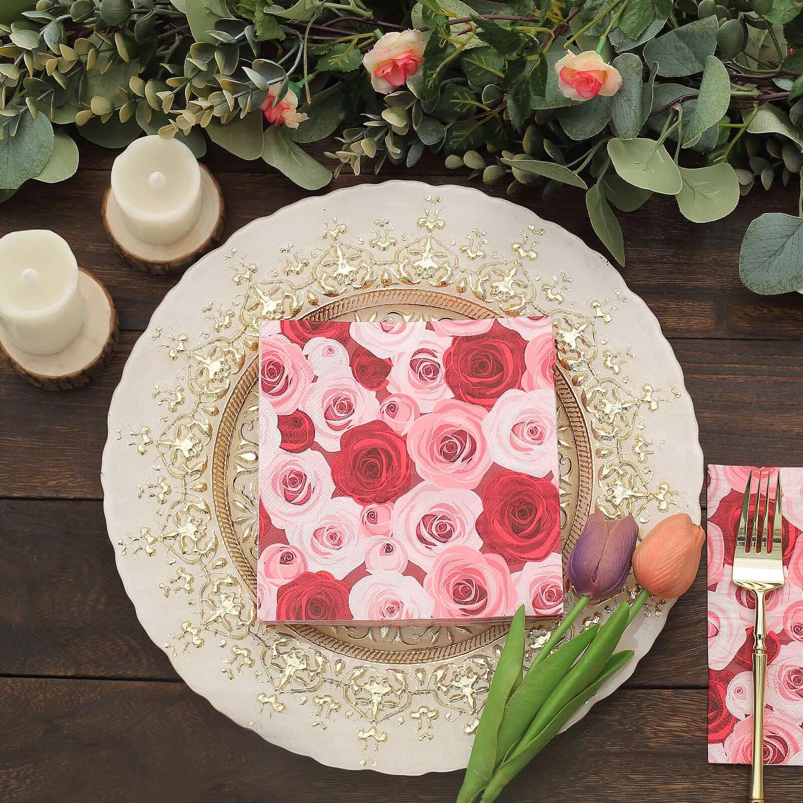 50-Pack Paper Beverage Napkins with Floral Design Red/Pink - 2 Ply Soft 18GSM Rose Garden Wedding Napkins 6.5x6.5