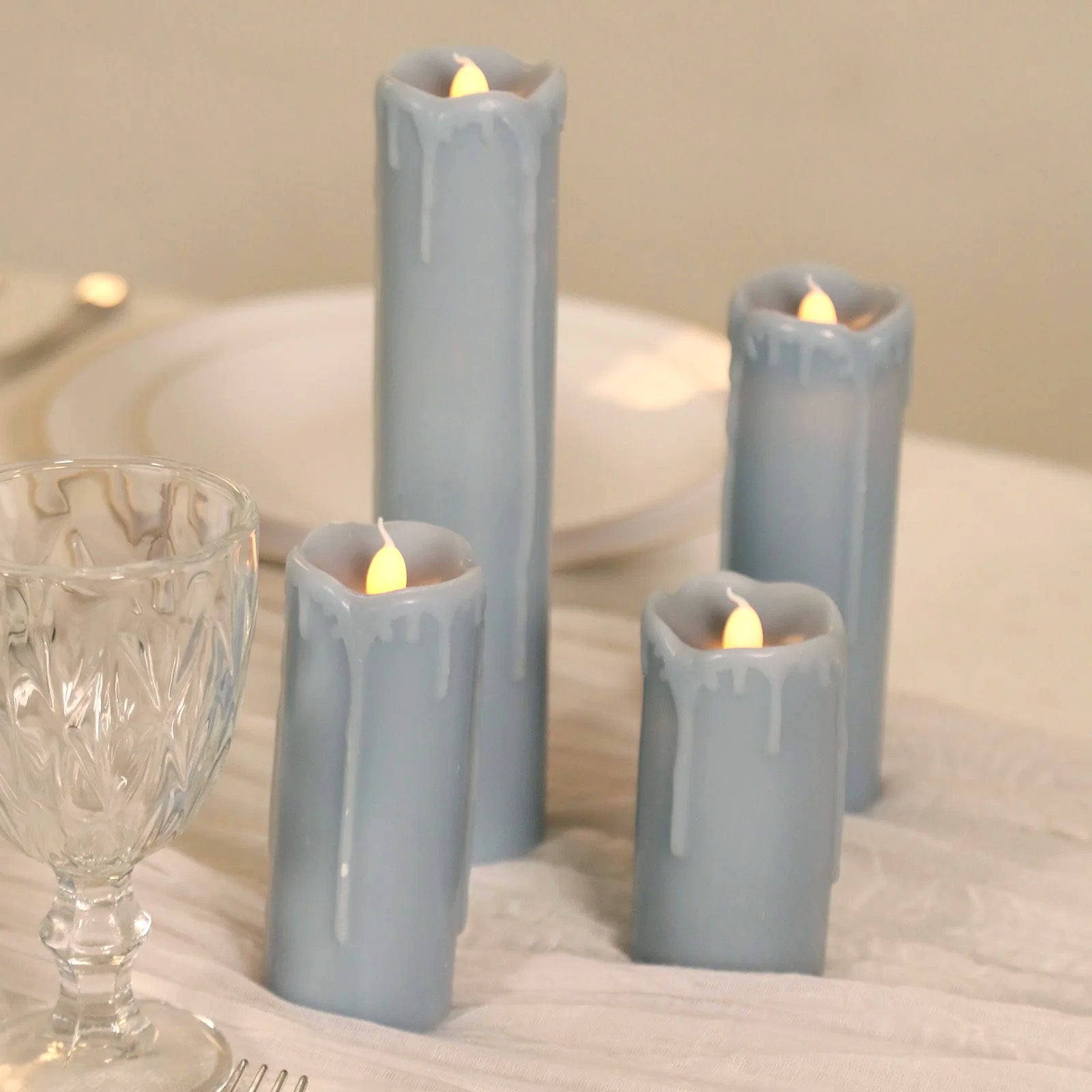 Set of 6 LED Flameless Luminaria Candles Drip Wax Dusty Blue - Battery Operated Pillar Lighting