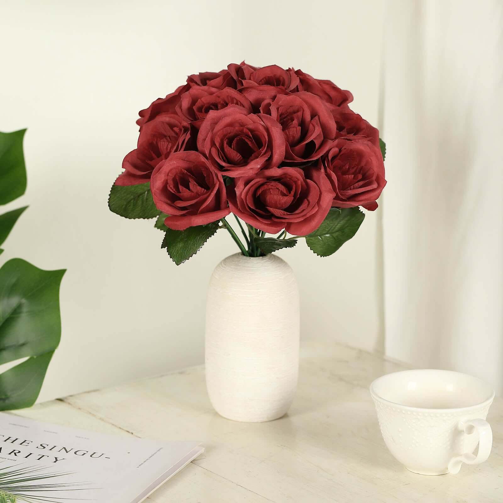 12 Red Artificial Velvet-Like Fabric Rose Flower Bouquet Bush