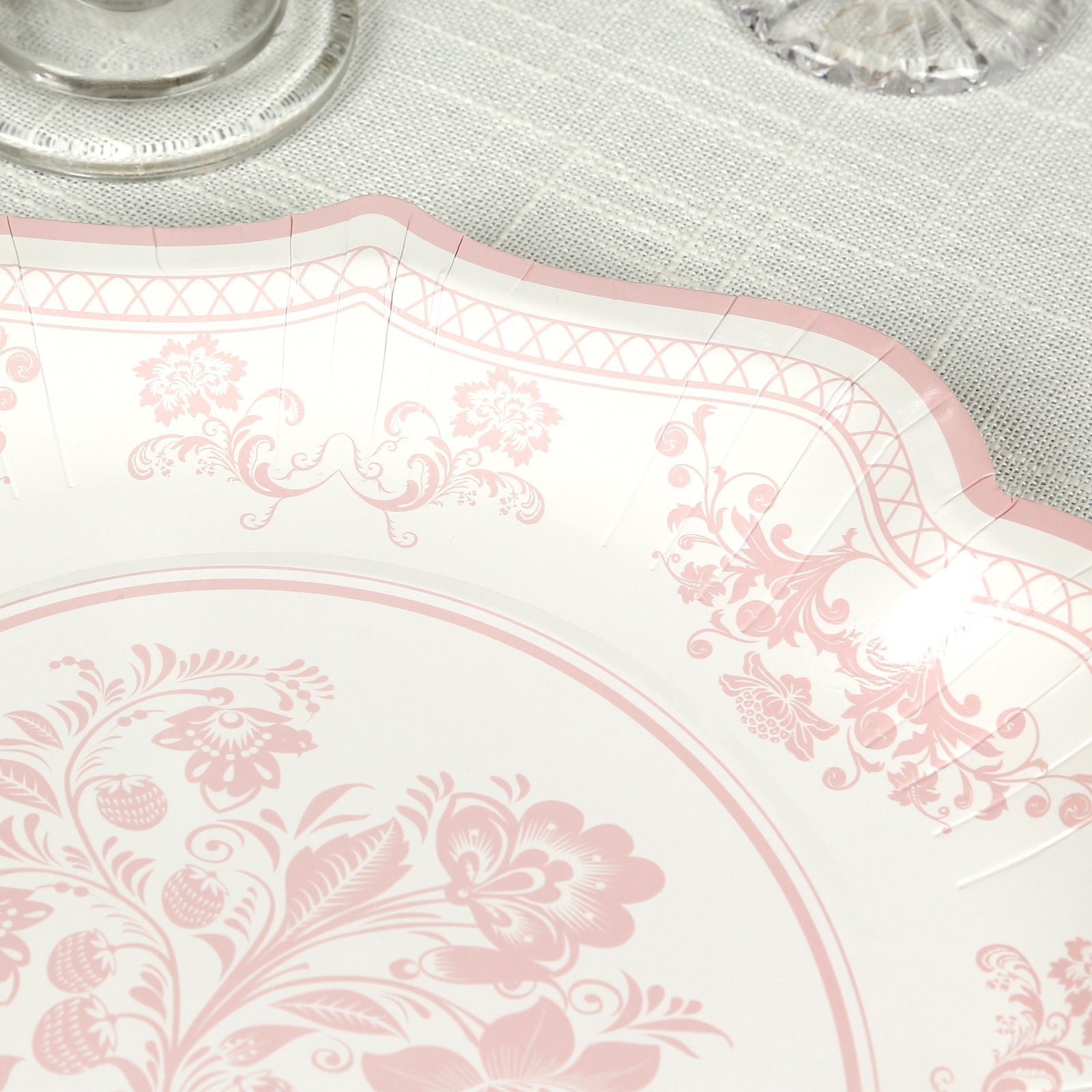 25-Pack Paper Dinner Plates in White with Pink French Toile Print & Scallop Rim - Stylish Disposable 300GSM Floral Party Plates 10