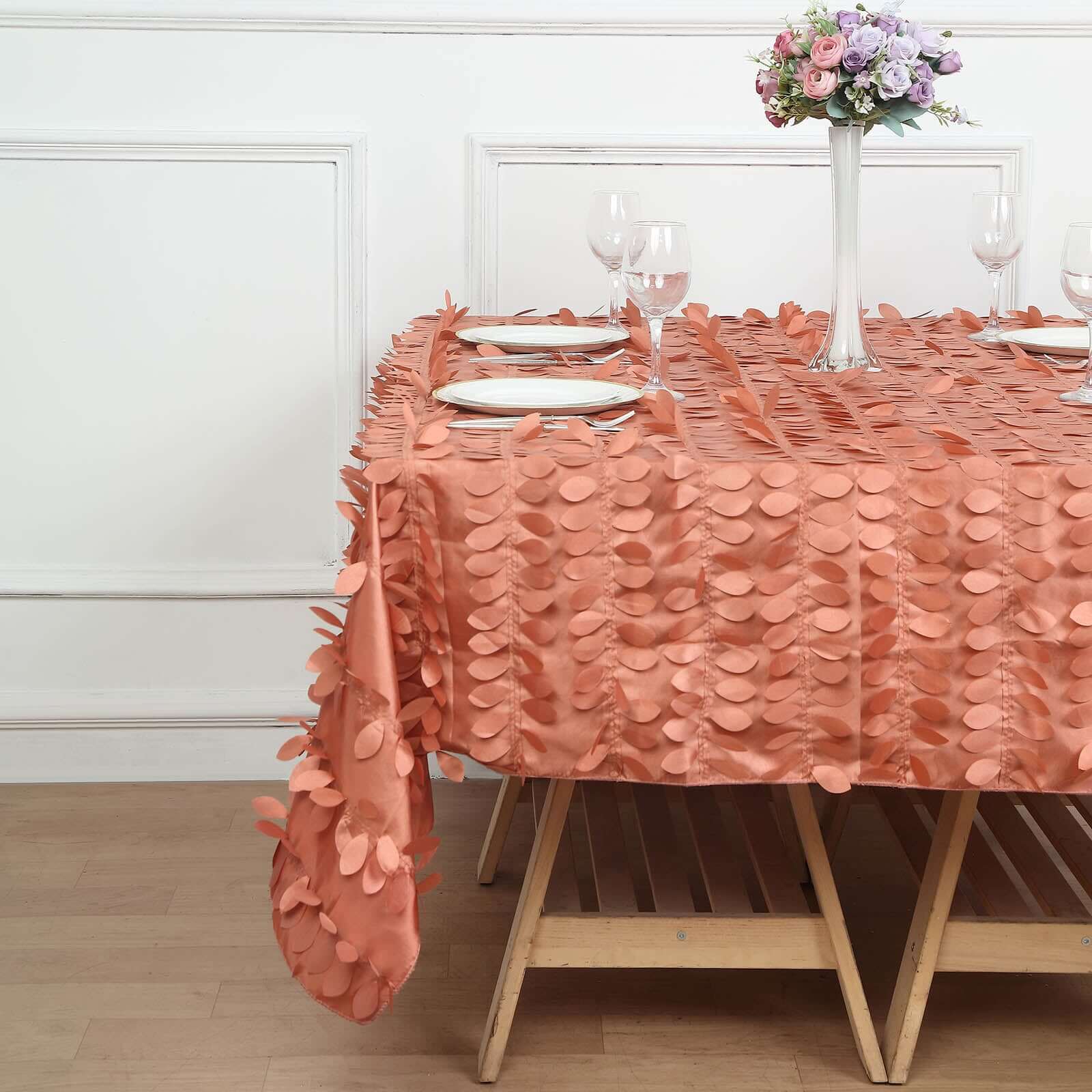 Taffeta 72x72 Table Overlay Square Tablecloth Terracotta (Rust) - 3D Leaf Petal Table Cover