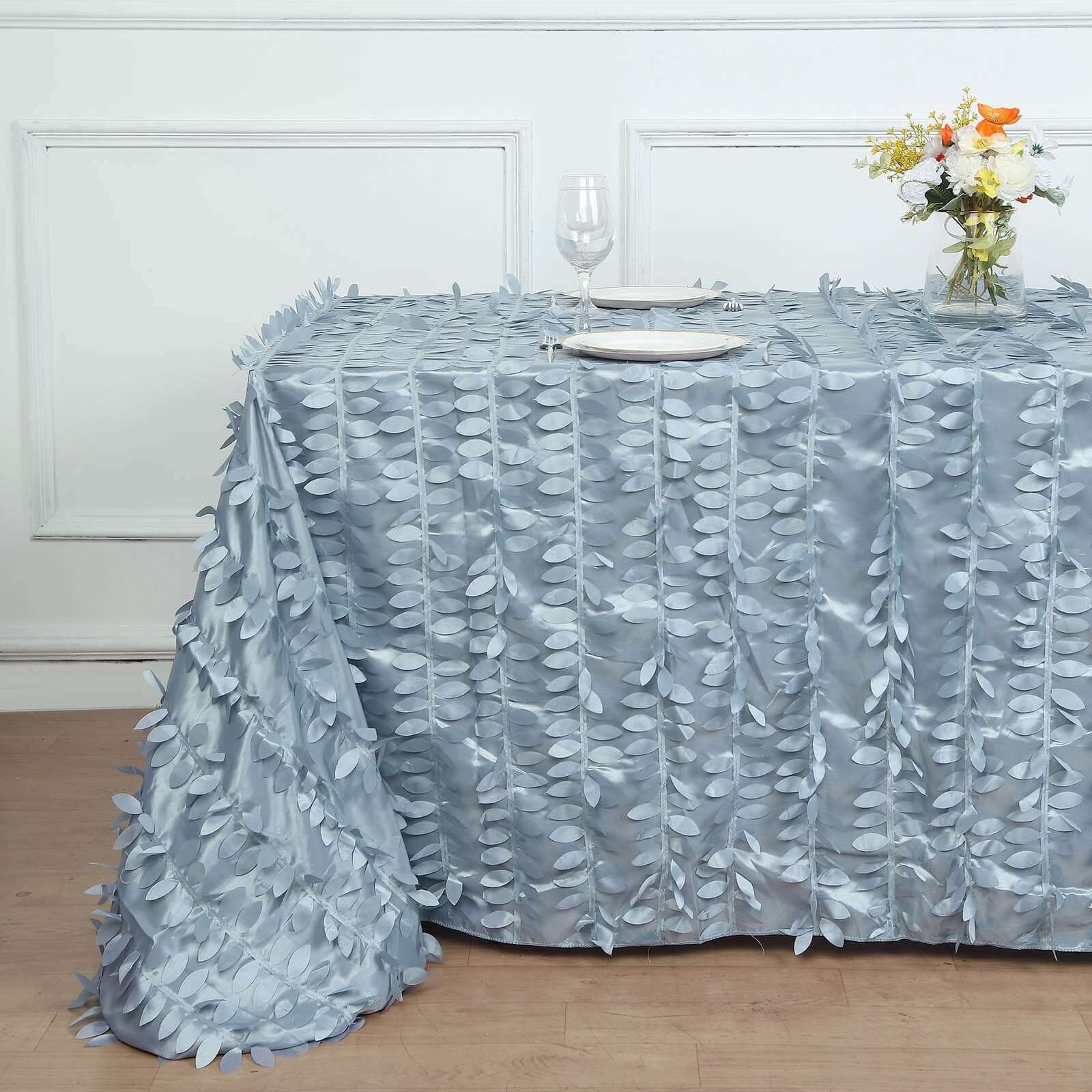 Taffeta 90x156 Rectangle Tablecloth Dusty Blue | 3D Leaf Petal Design Seamless Table Cover