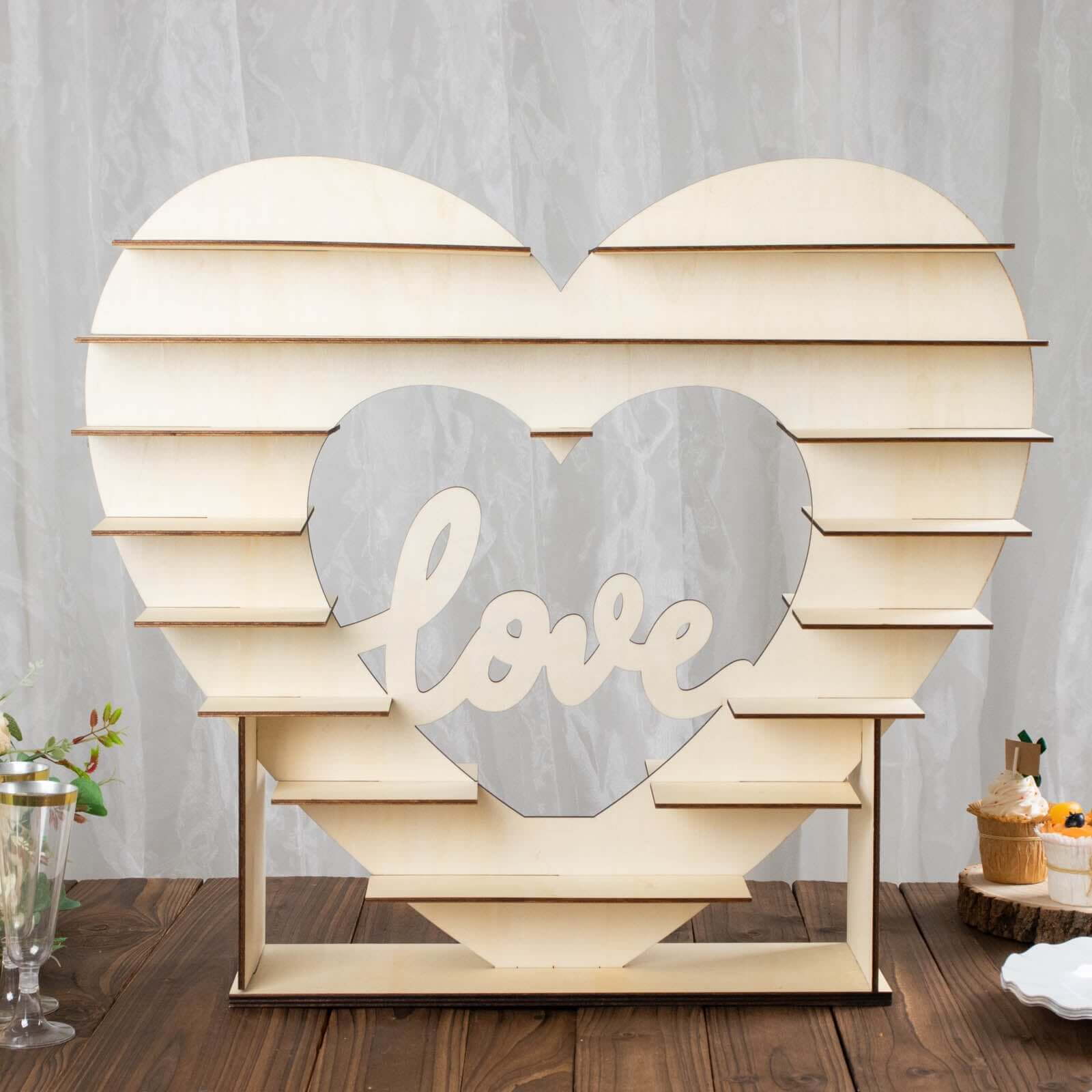 8-Layer Wooden Dessert Display Stand Heart Shaped Double Sided Design Natural - Love Cupcake Shelf Table Rack 26