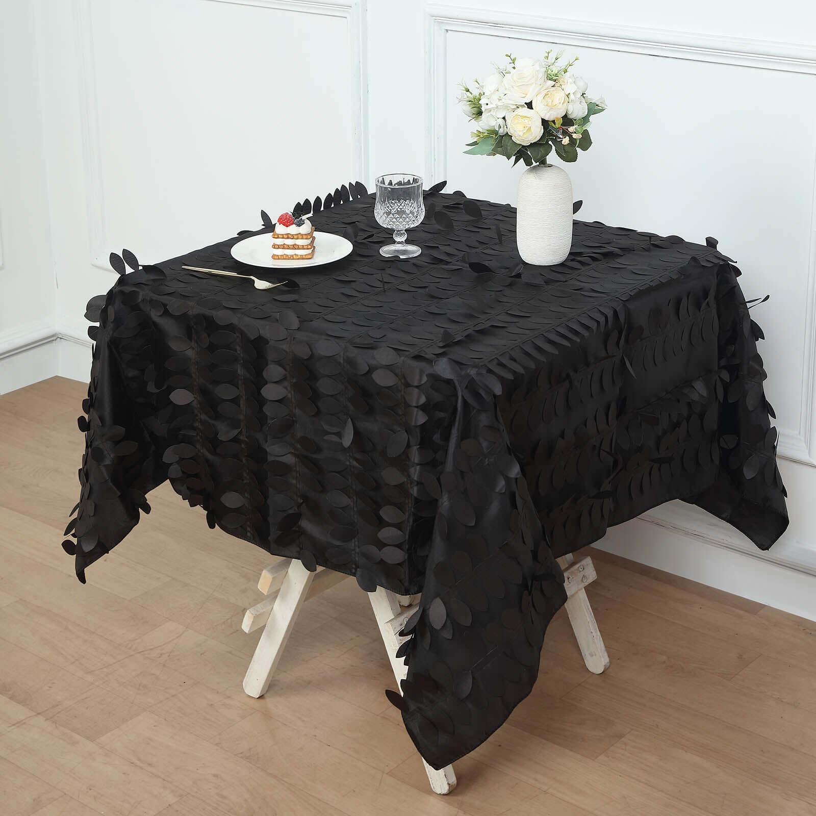 Taffeta 54x54 Square Tablecloth Black 3D Leaf Petal Table Cover