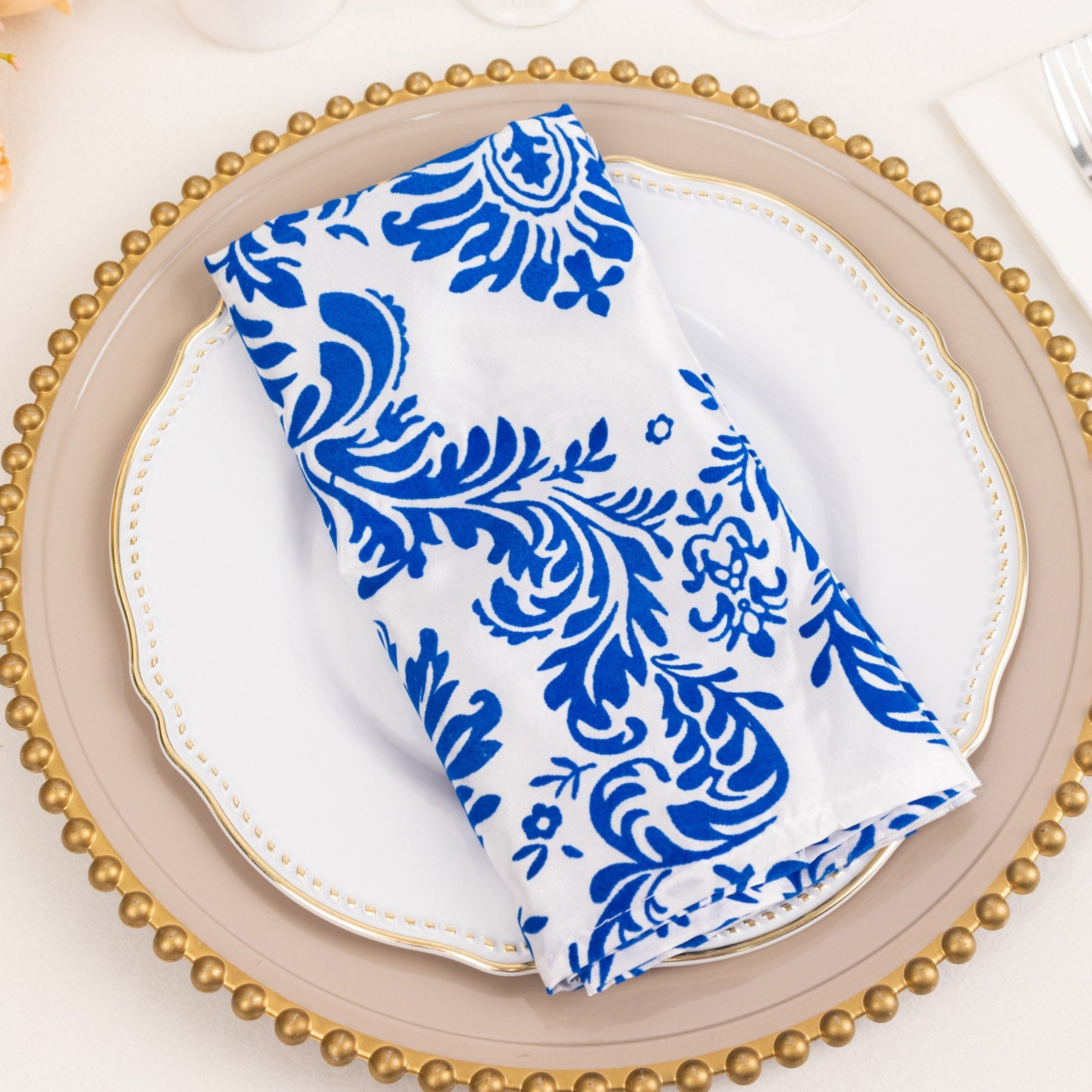 5 Pack Royal Blue White Damask Flocking Taffeta Napkins, Decorative Cloth Napkins for Weddings and Events - 20x20