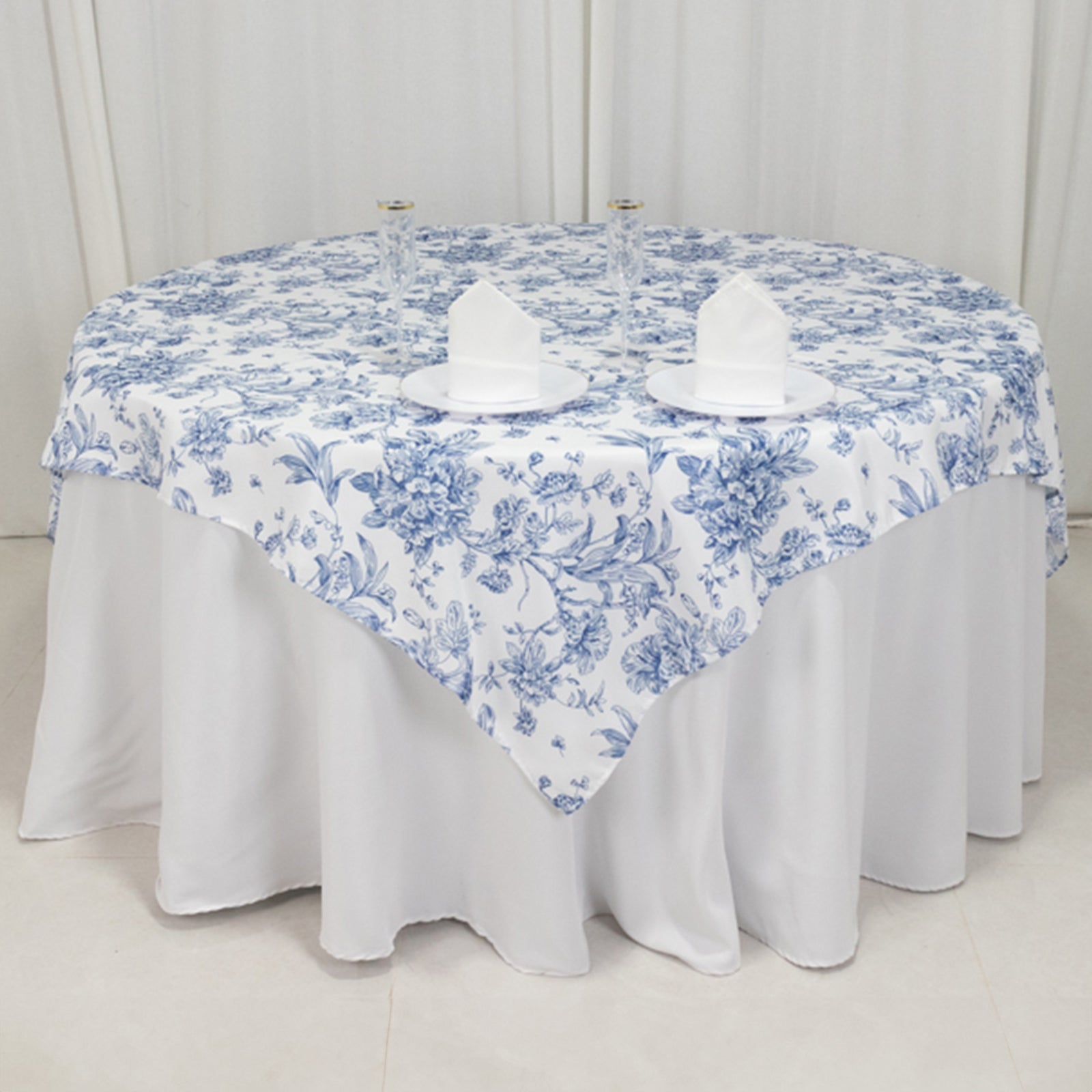 Polyester 70x70 Table Overlay White - Blue French Toile Pattern for Stylish Events