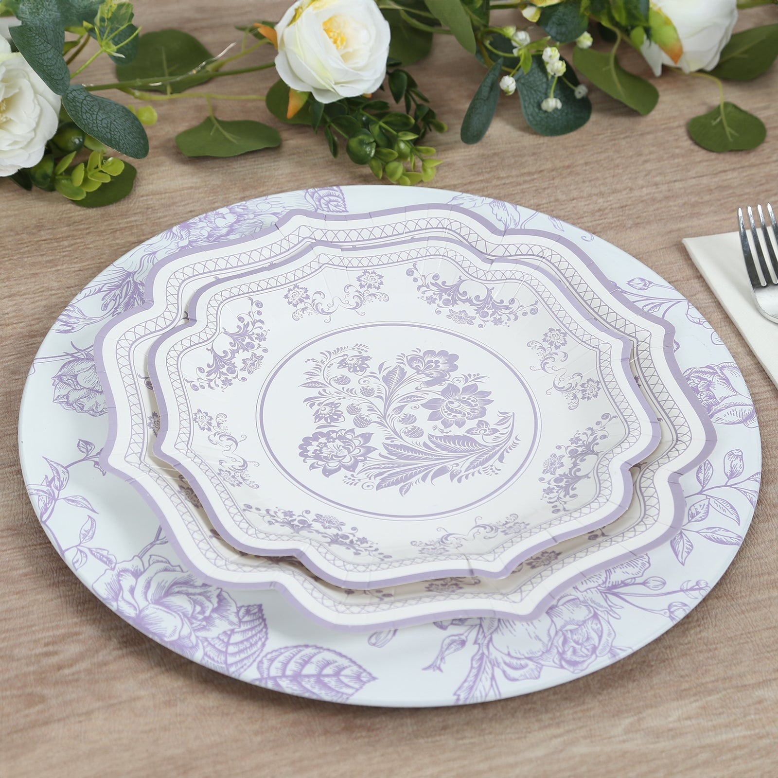 6 Pack Round Floral Acrylic Charger Plates in French Toile Pattern, 13 Matte Lavender and White Dinner Charger Event Tabletop Decor