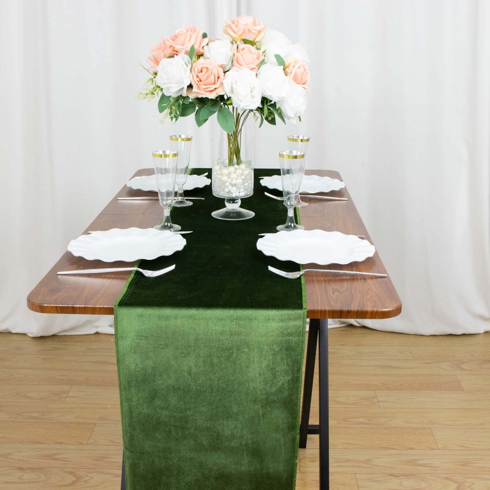 Premium Velvet 12x108 Table Runner Olive Green - Sheen Finish Reusable Table Decor