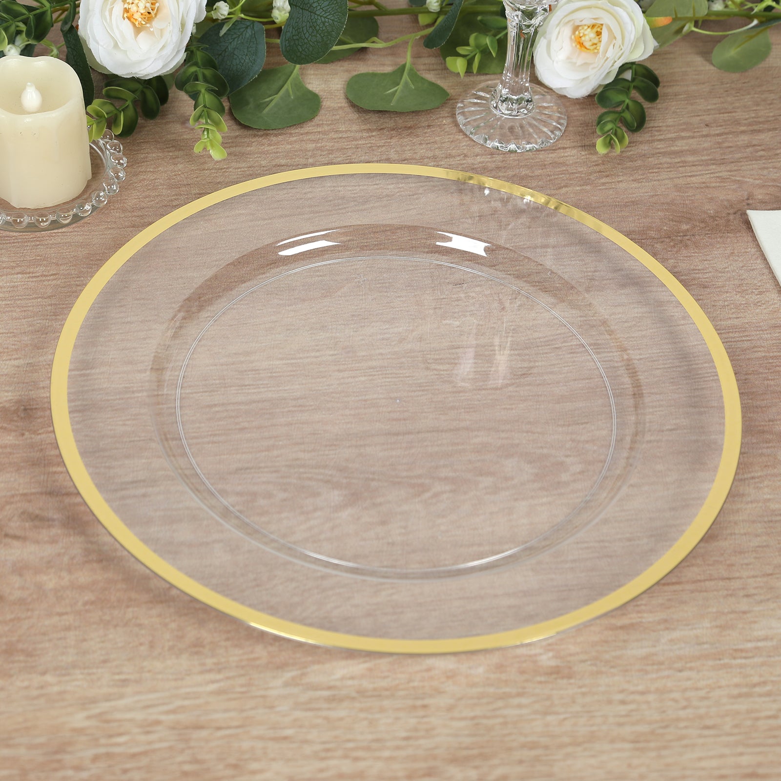 10-Pack Economy Plastic Round Charger Plates 12 in Clear with Wide Gold Rim, Decorative Dinner Party Serving Plates