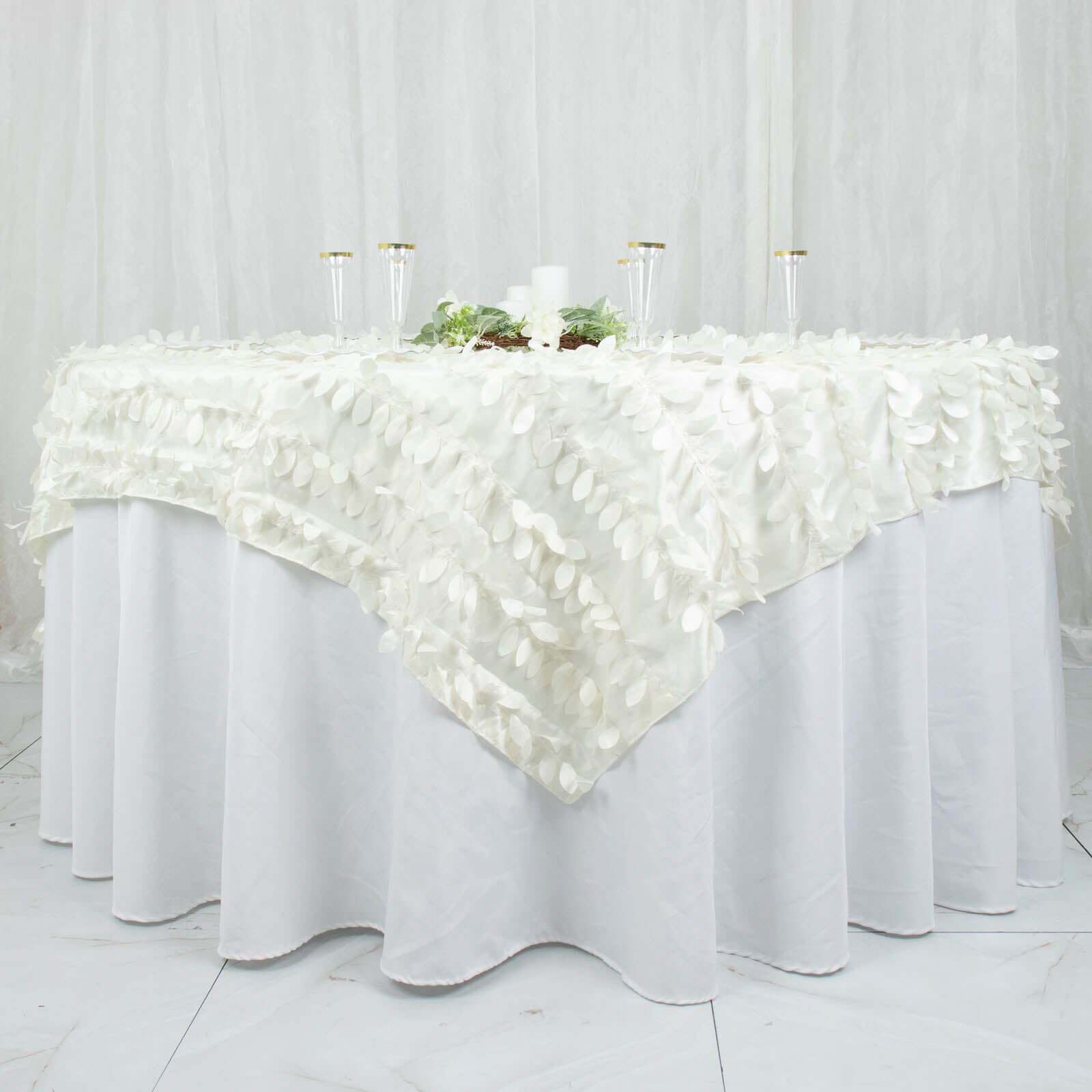 Taffeta 72x72 Table Overlay Square Tablecloth Ivory - 3D Leaf Petal Table Cover