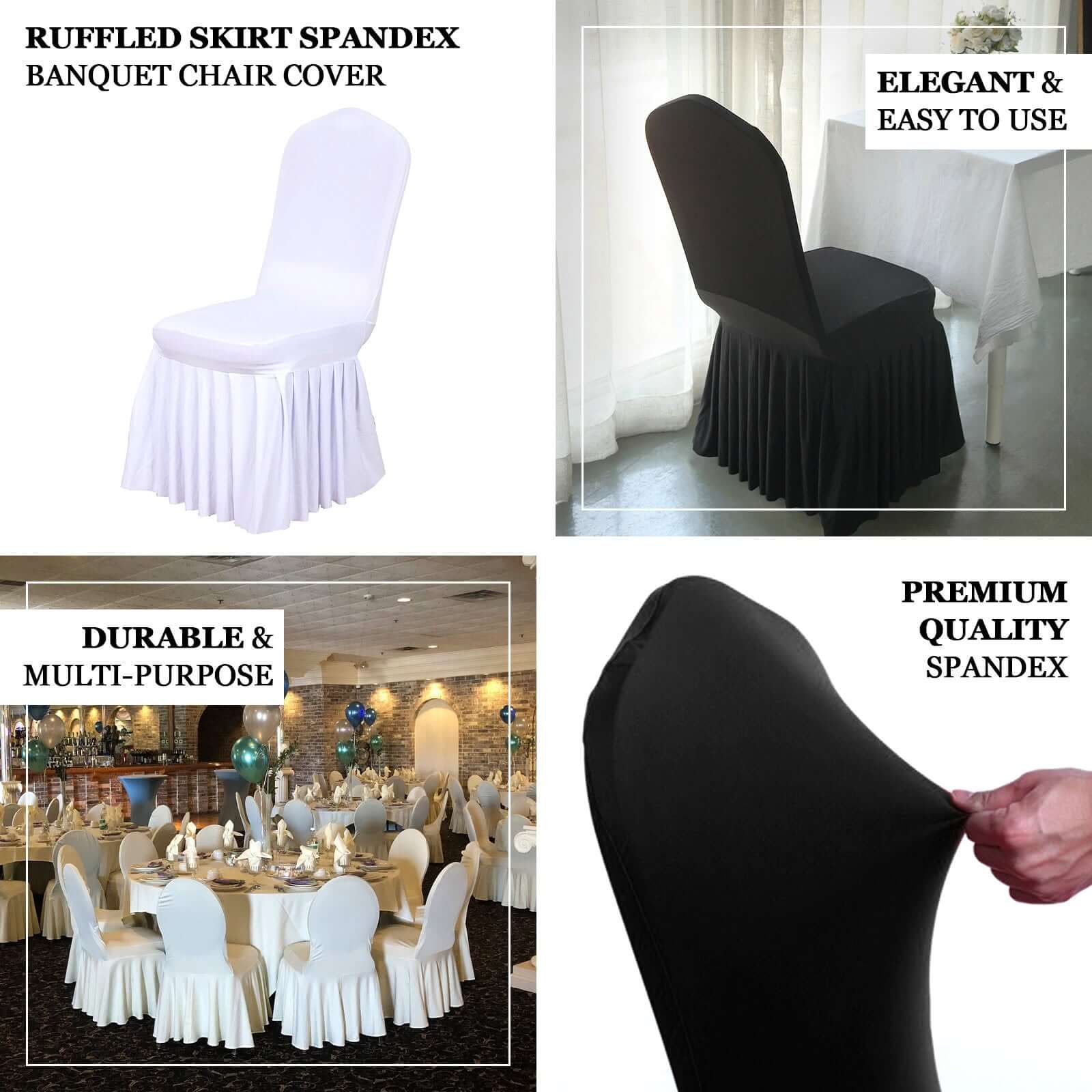 Spandex Chair Cover with Ruffle Pleated Skirt for Banquet Chairs White - Stylish 1-Piece Stretch Fitted Design