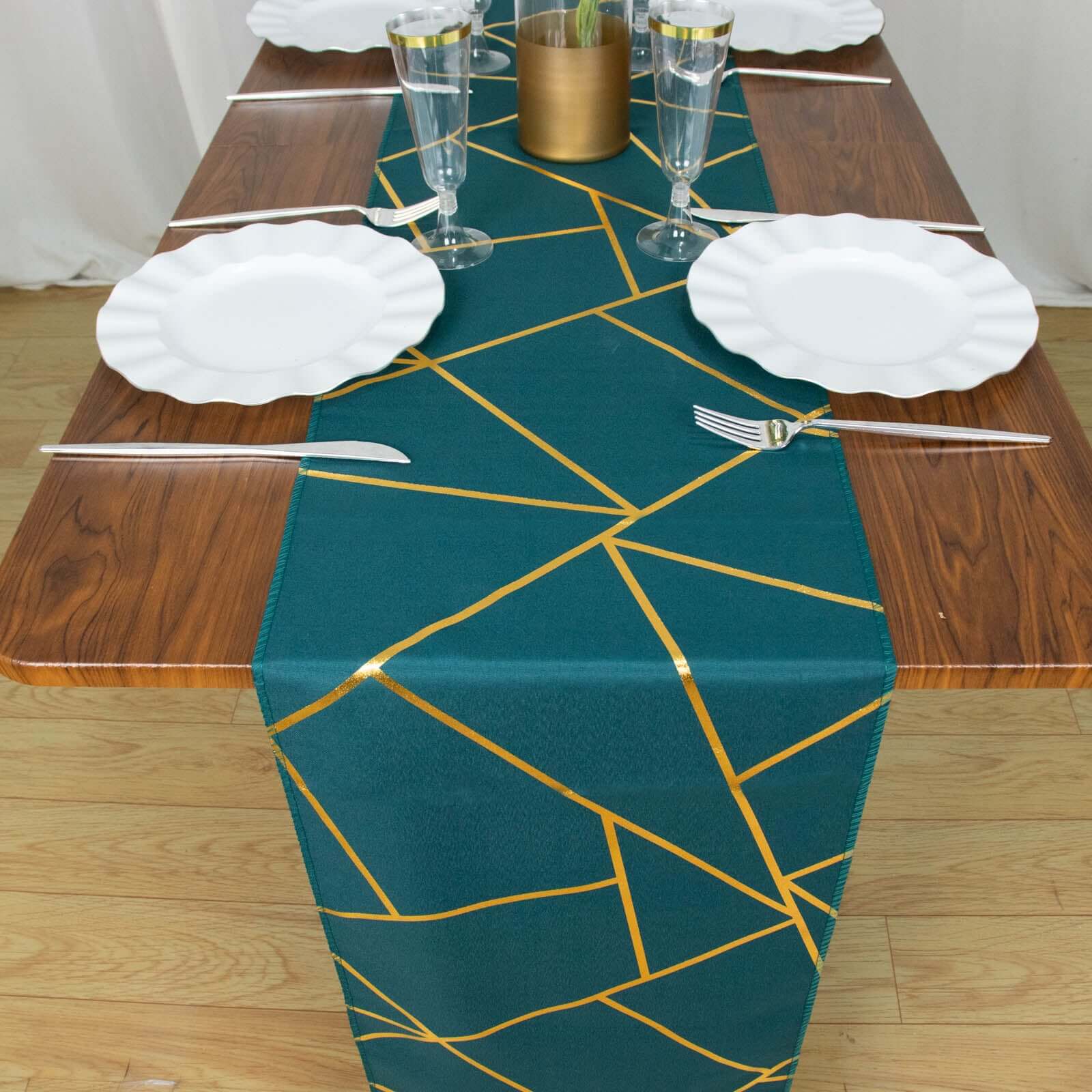 Polyester 9ft Table Runner Peacock Teal with Gold Foil Modern Geometric Accent