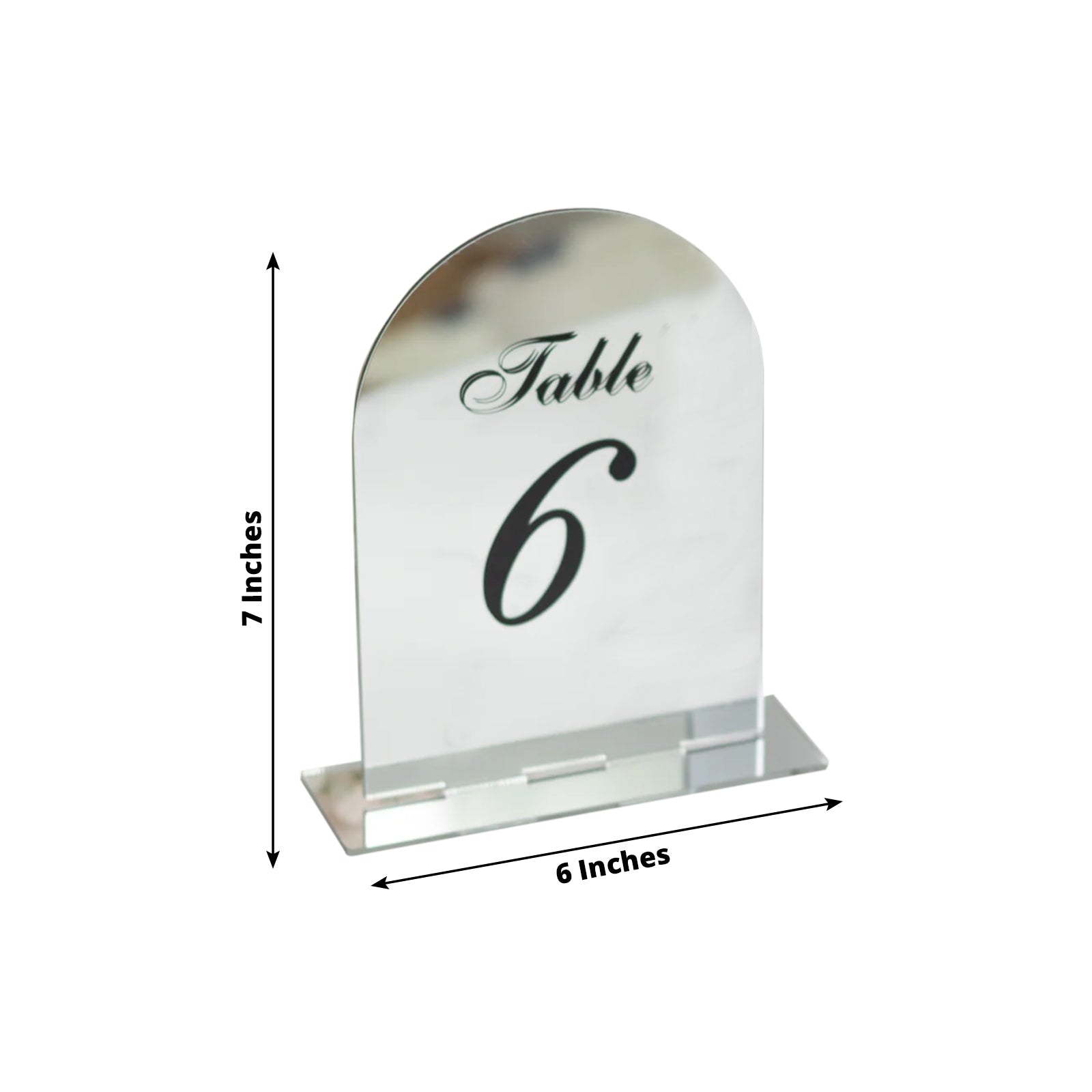 Silver Mirror Arch Acrylic Table Numbers (1-10) - 6x7 Wedding Reception Signs with Black Print & Stands