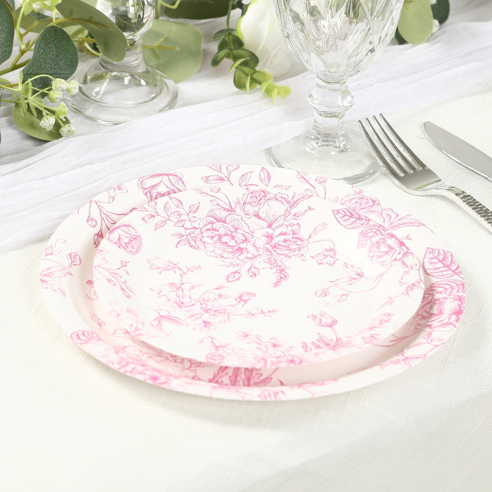 25-Pack Paper 7 Round Dessert Plates in White with Matte Pink French Toile Pattern - Disposable Floral Salad Appetizer Plates