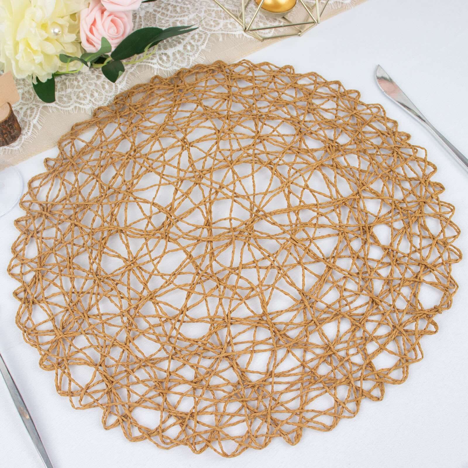 6-Pack Table Placemats Woven Fiber Design Natural Round - Disposable Mats for Dining and Events 15