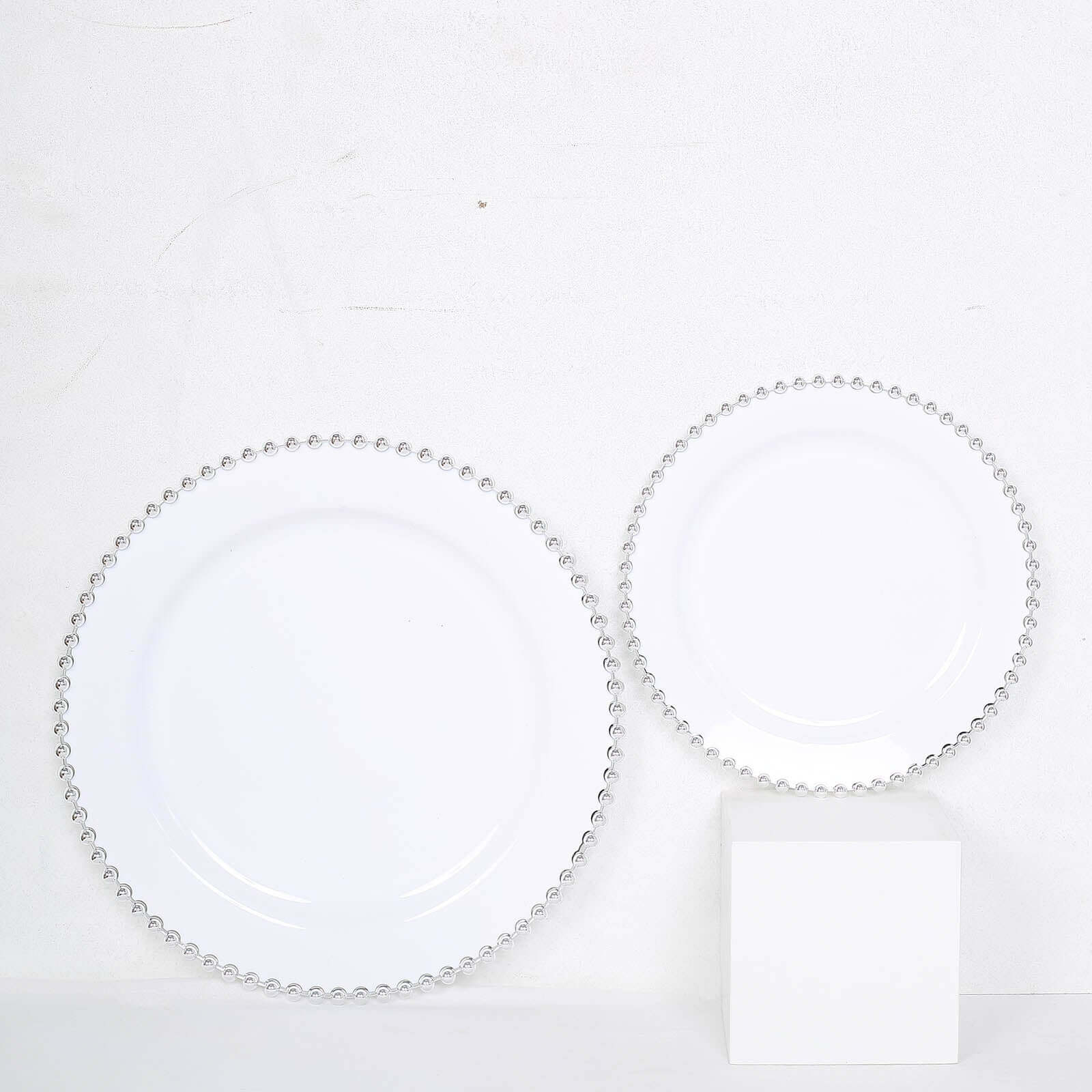 10-Pack Plastic 8 Round Appetizer Dessert Plates in White with Silver Beaded Rim - Disposable Salad Plates