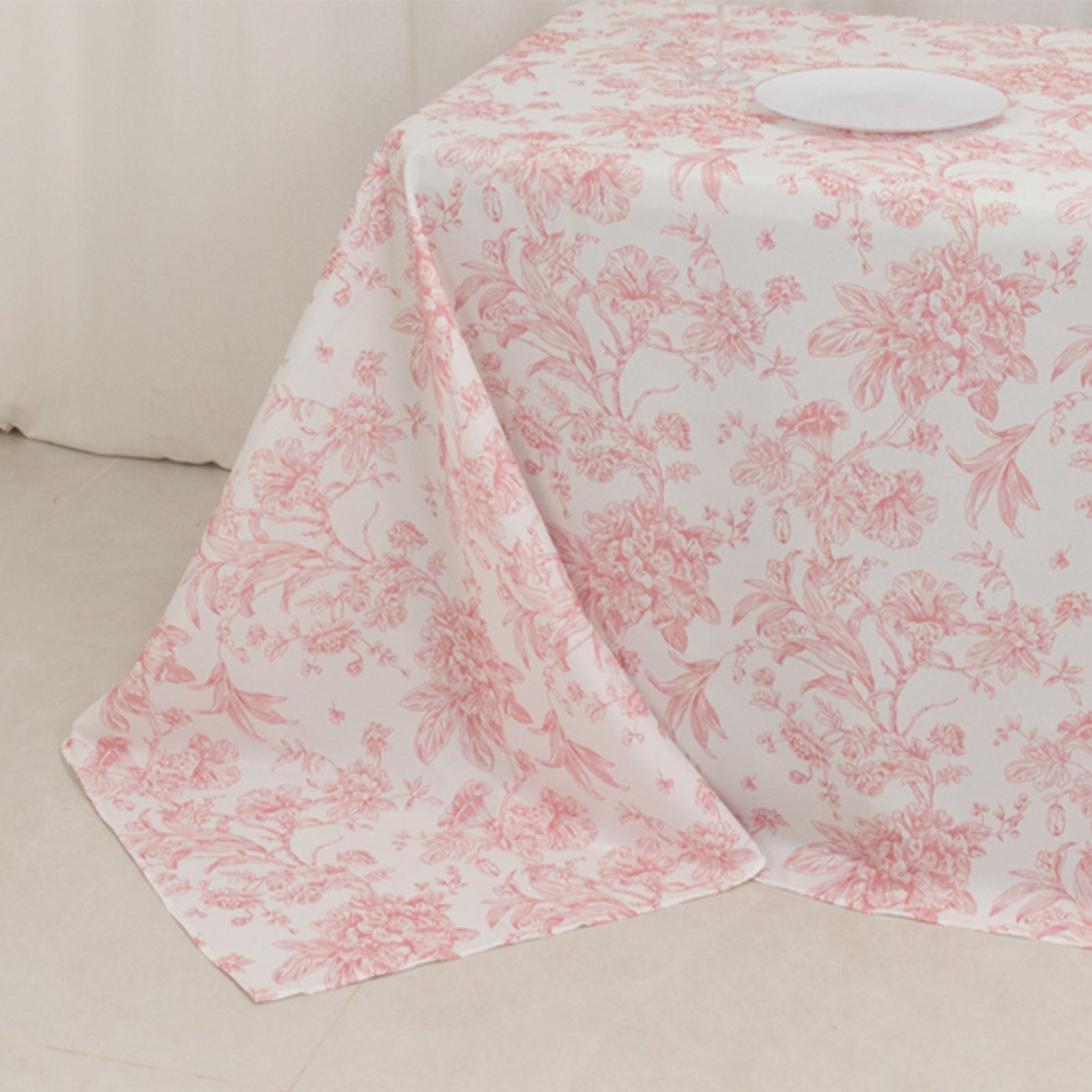 Polyester 90x156 Rectangle Tablecloth White - Seamless Pink French Toile Pattern for Grand Occasions