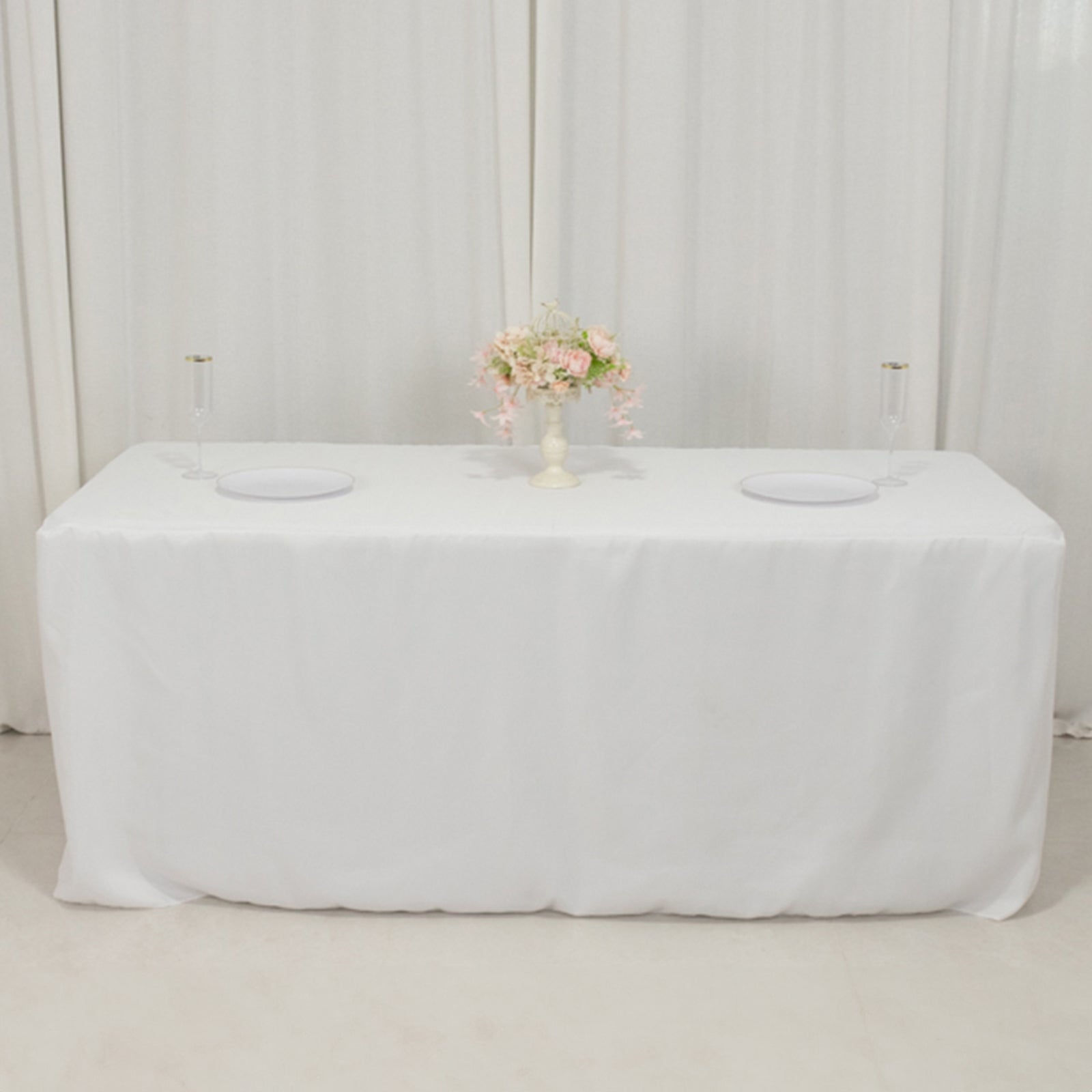 Fitted Polyester 72x30 Rectangle Tablecloth White with Open Back Design - Easy to Maintain and Wrinkle-Resistant Table Cover for Trade Shows & Displays