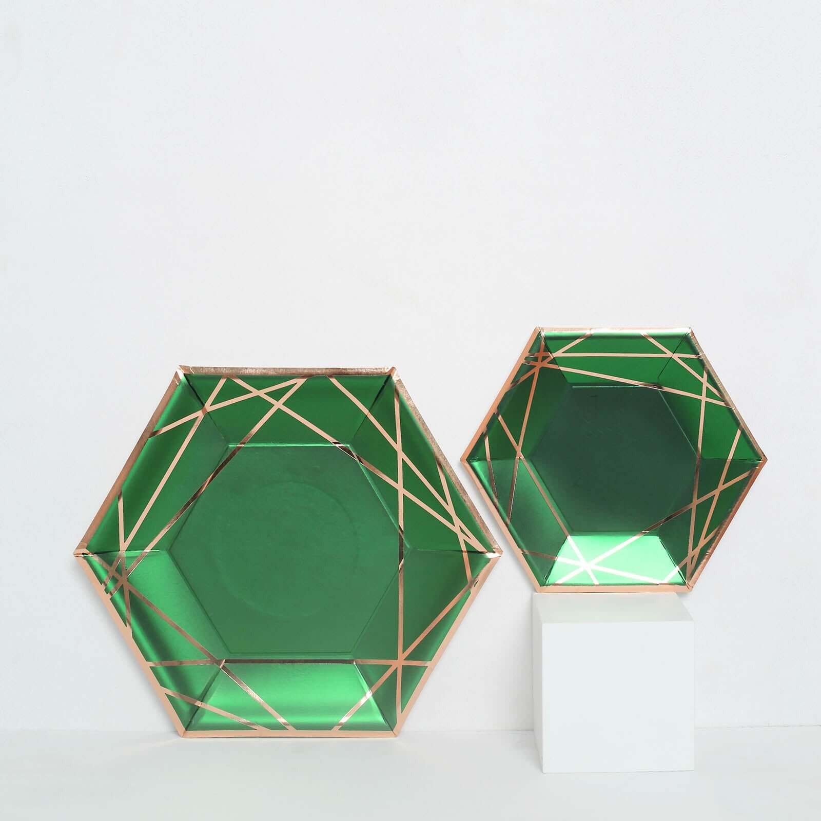 25-Pack Paper 9 Hexagon Dinner Plates in Hunter Emerald Green with Gold Geometric Lines & Rim - Stylish Disposable Geometric 300GSM Party Plates