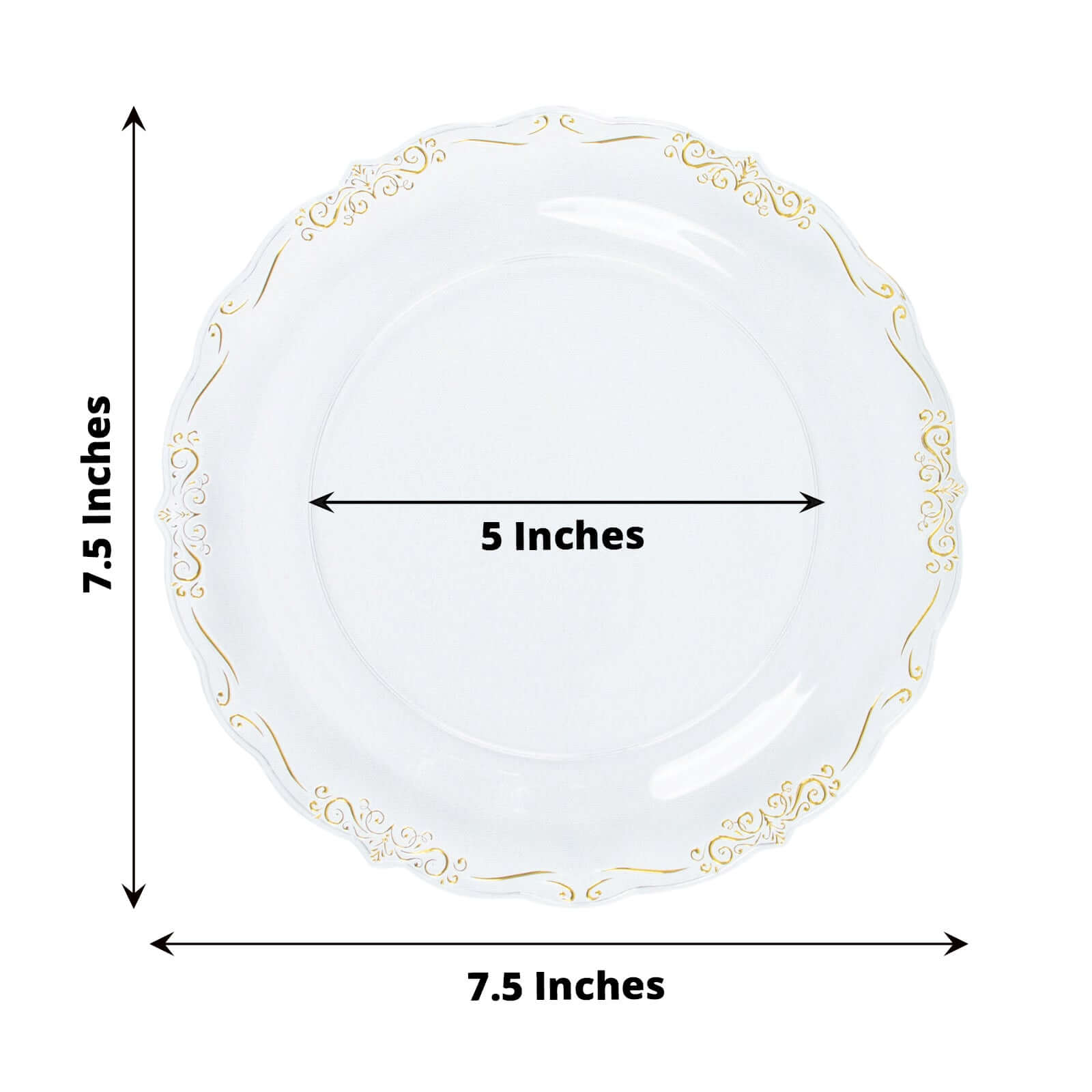 10-Pack Plastic 7 Round Dessert Plates in Clear with Gold Vintage Embossed Rim - Sturdy Disposable Scalloped Edge Salad Plates for Sophisticated Events & Celebrations