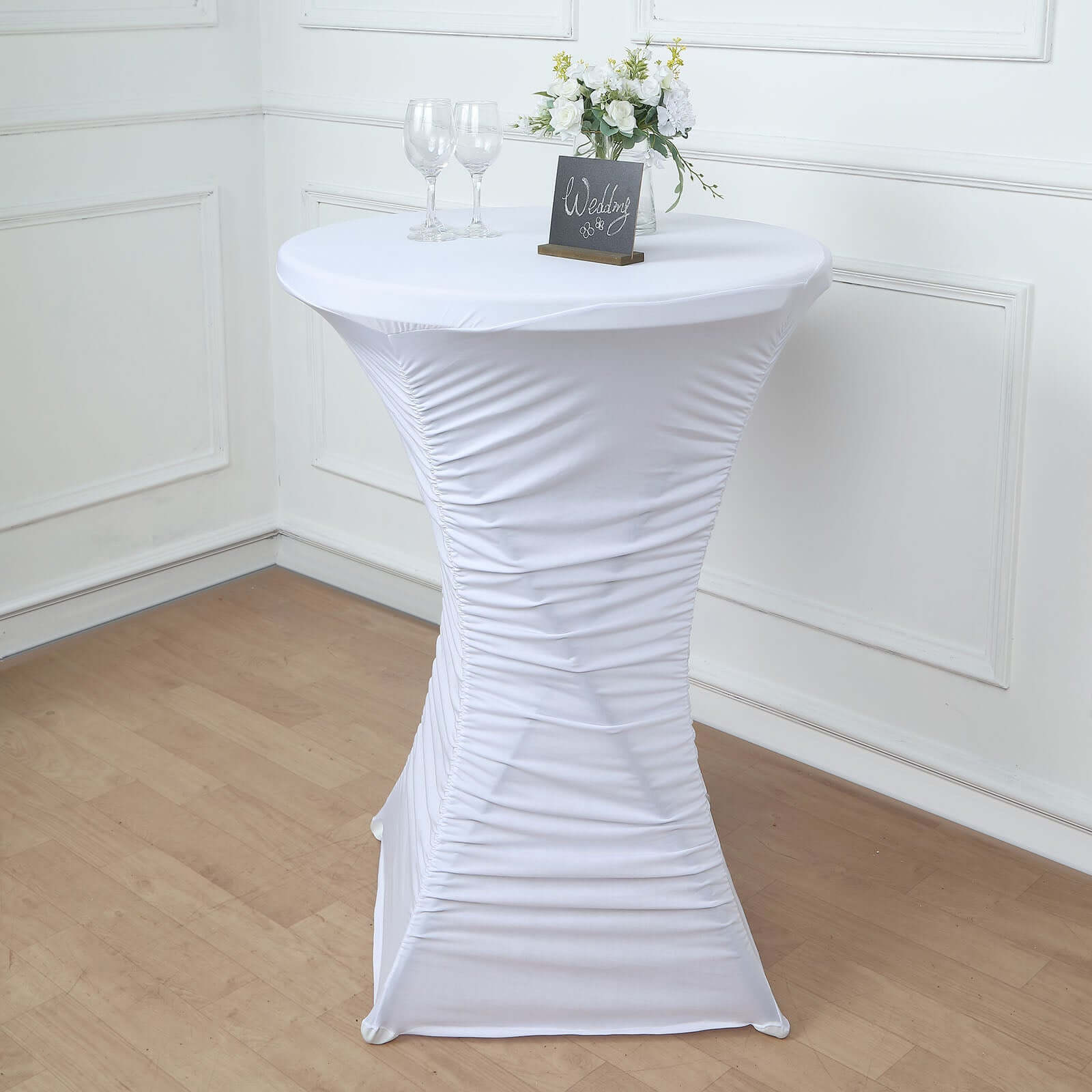 Heavy Duty Spandex 32 Fitted Round Cocktail Table Cover White Ruched Pleated - Durable Stretch Design