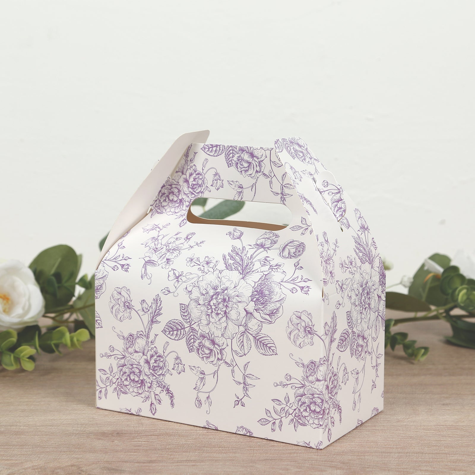 25 Pack Candy Treat Tote Boxes in French Toile Pattern - Matte Lavender and White Party Favor Gable Boxes, Cardstock Paper - 6x3.5x7