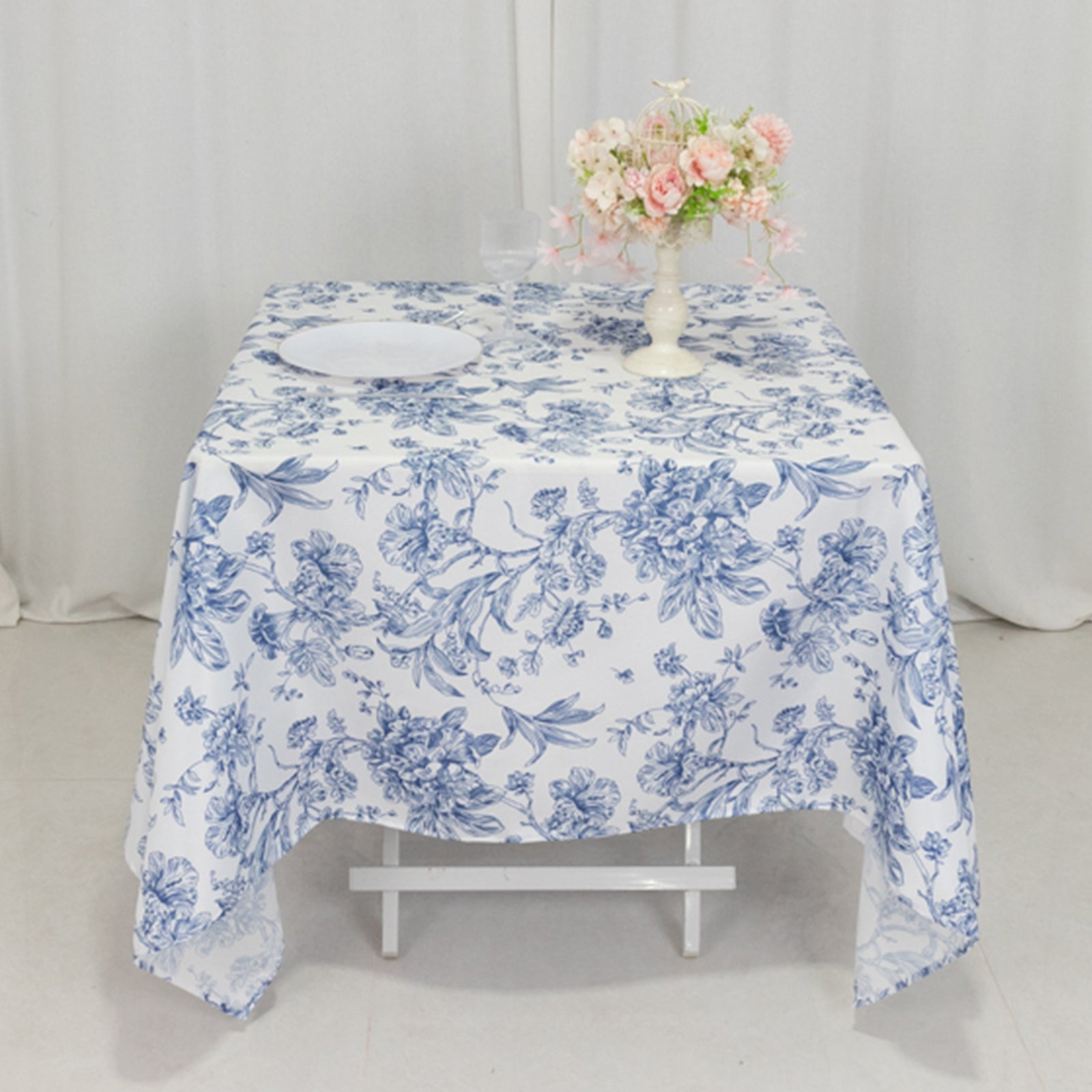 Polyester 70x70 Table Overlay White - Blue French Toile Pattern for Stylish Events