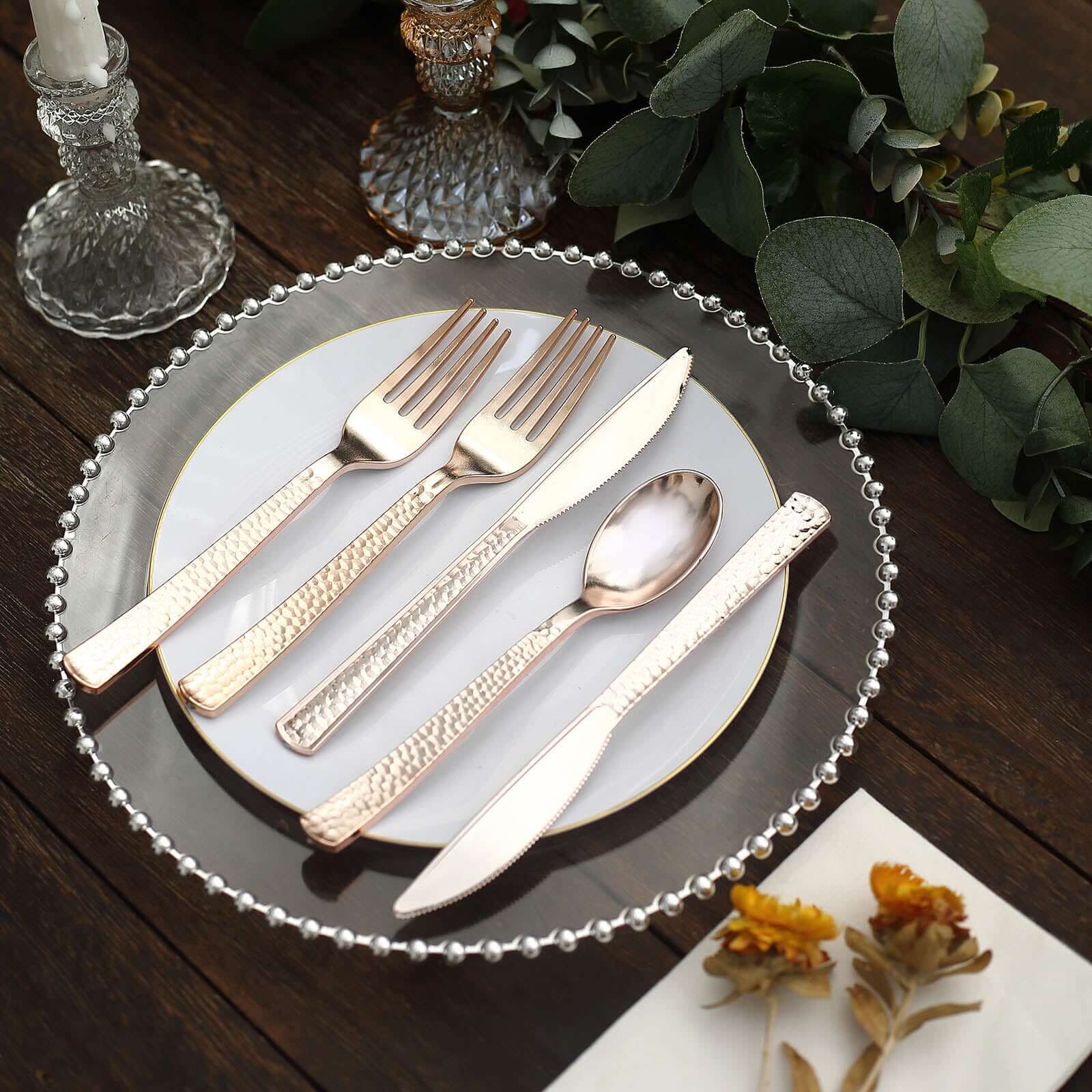 24-Pack Plastic Silverware Set with Hammered Design Rose Gold - Heavy Duty Disposable Utensils 7