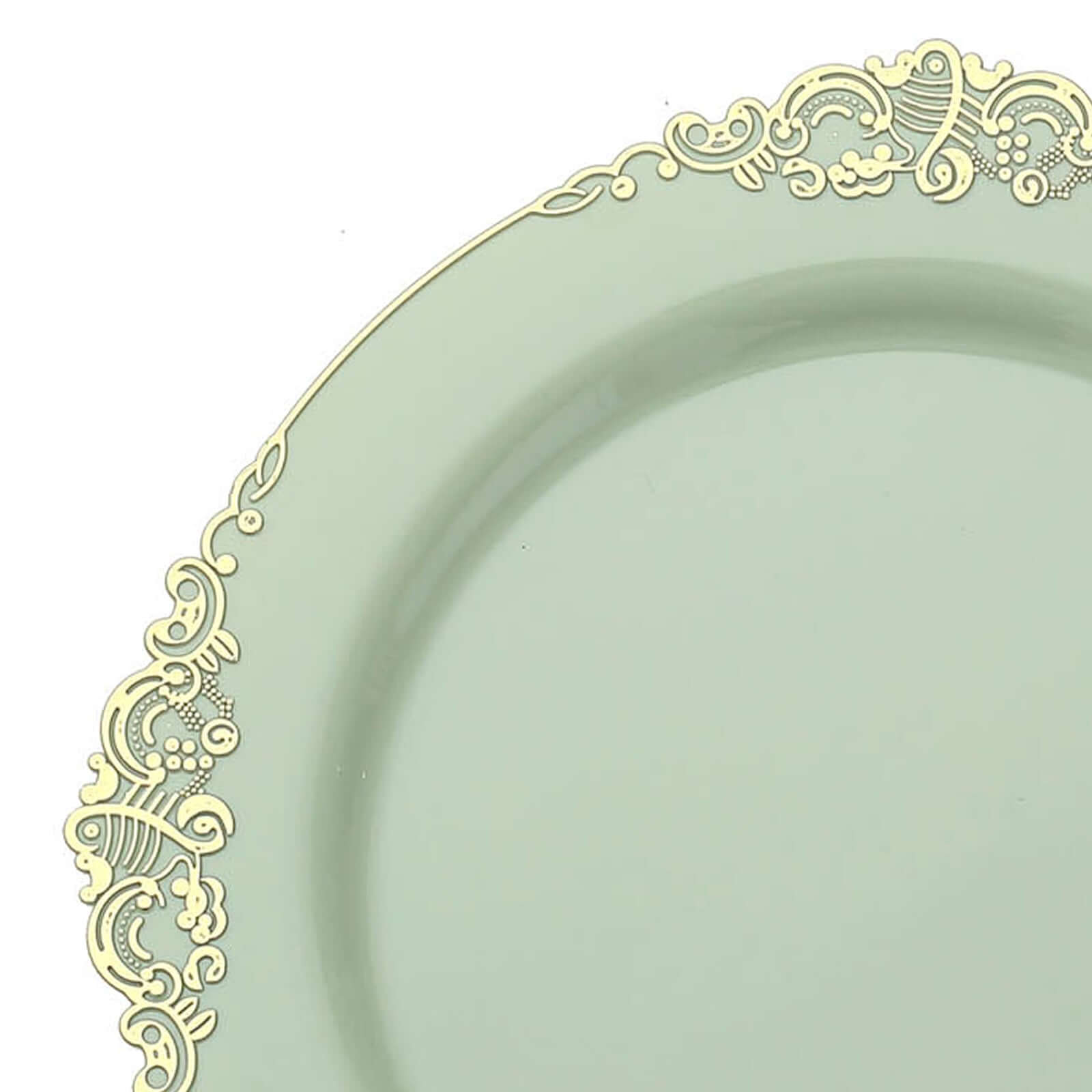 10-Pack Plastic 10 Round Dinner Plates in Sage Green with Gold Leaf Embossed Rim - Disposable Vintage Baroque Style Plates