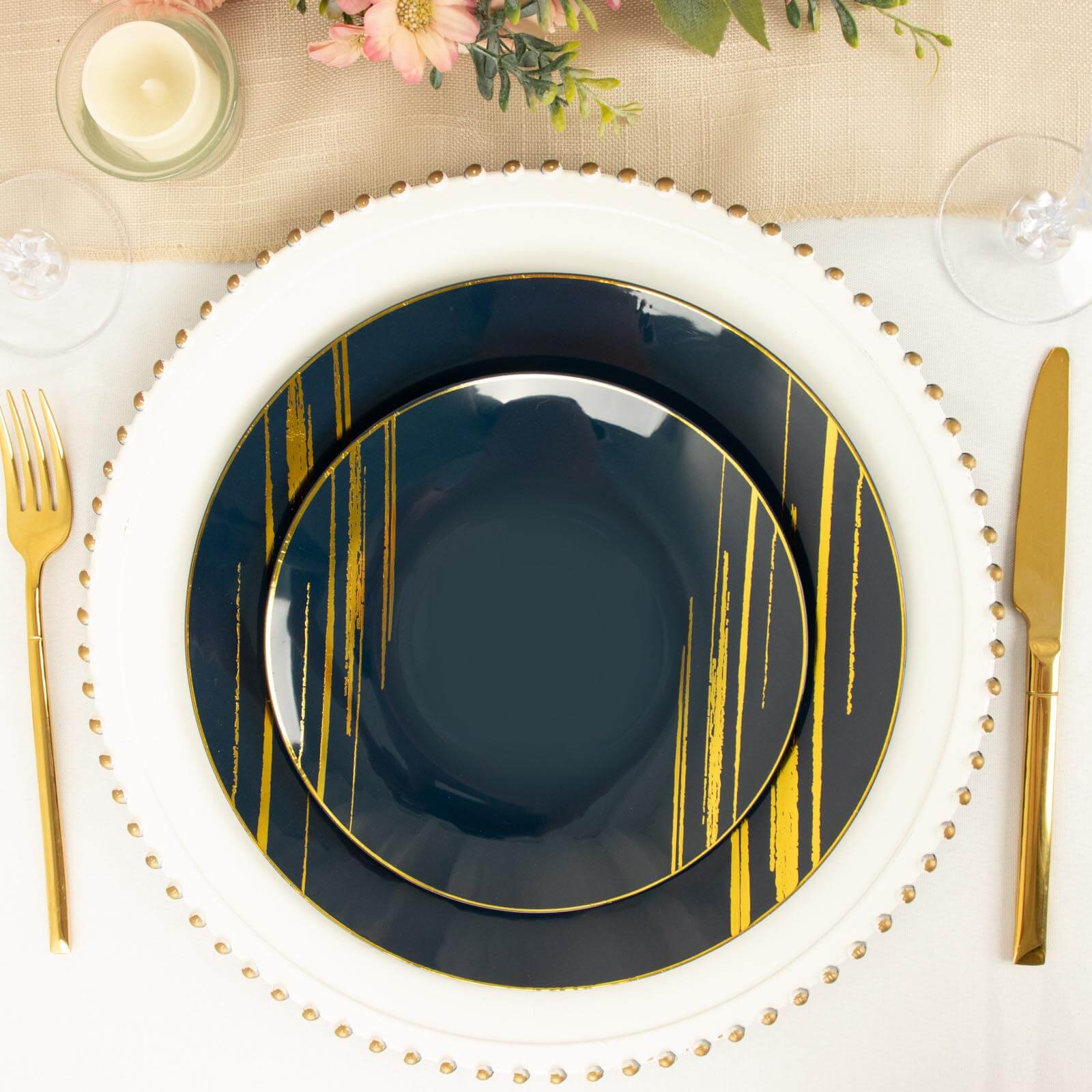 10-Pack Plastic 10 Round Dinner Plates in Navy Blue with Gold Brush Stroked Print - Disposable Party Dinnerware