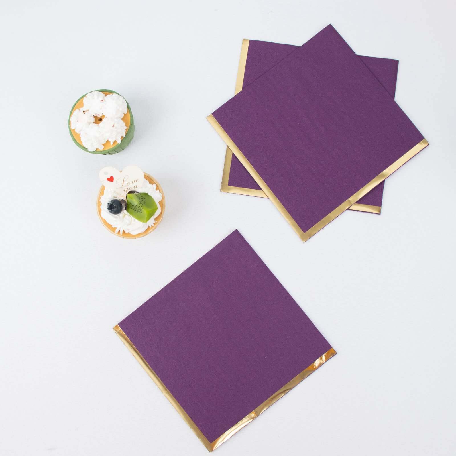 50-Pack Paper Beverage Napkins with Gold Foil Edge Purple - Disposable 2 Ply Cocktail Napkins for Events 6.5x6.5