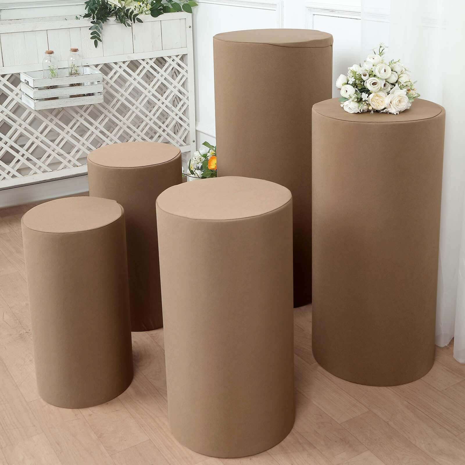 Set of 5 Taupe Spandex Cylinder Pedestal Stand Covers, Stretchable Pillar Prop Covers - 160 GSM