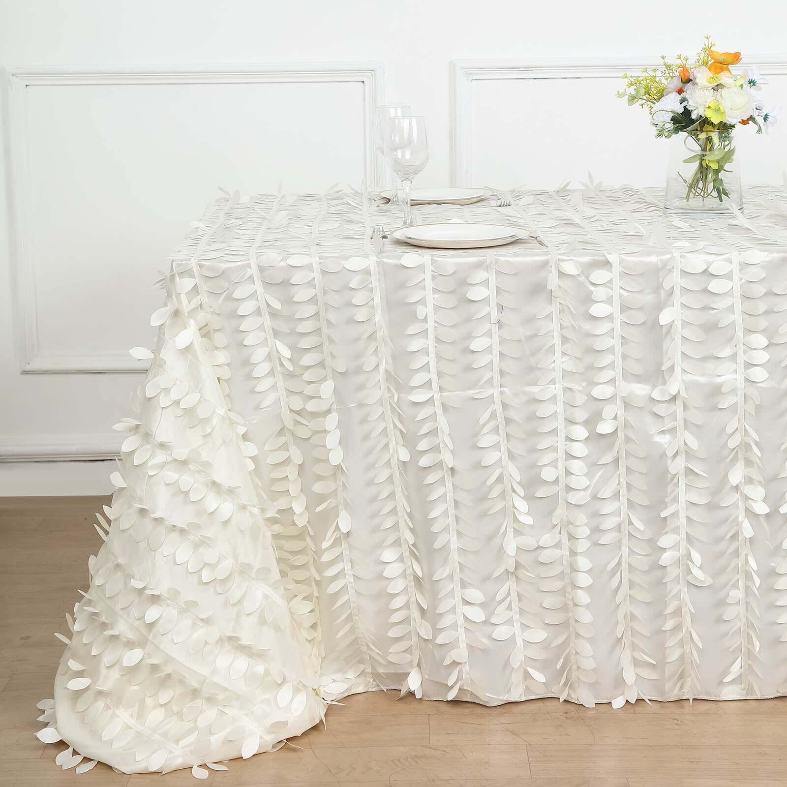 Taffeta 90x156 Rectangle Tablecloth Ivory | 3D Leaf Petal Design Seamless Table Cover