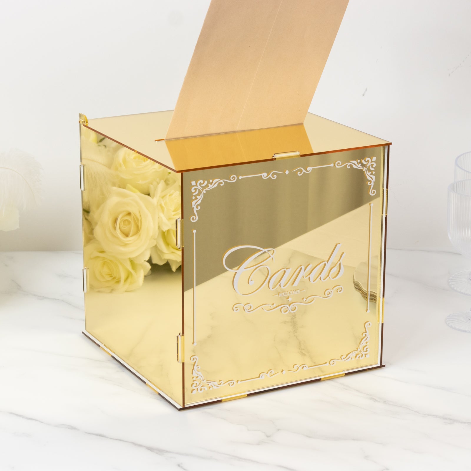 10 Gold Mirror Acrylic Wedding Card Box with Slot - Wishing Well Money Box for Reception, Graduation, and Events