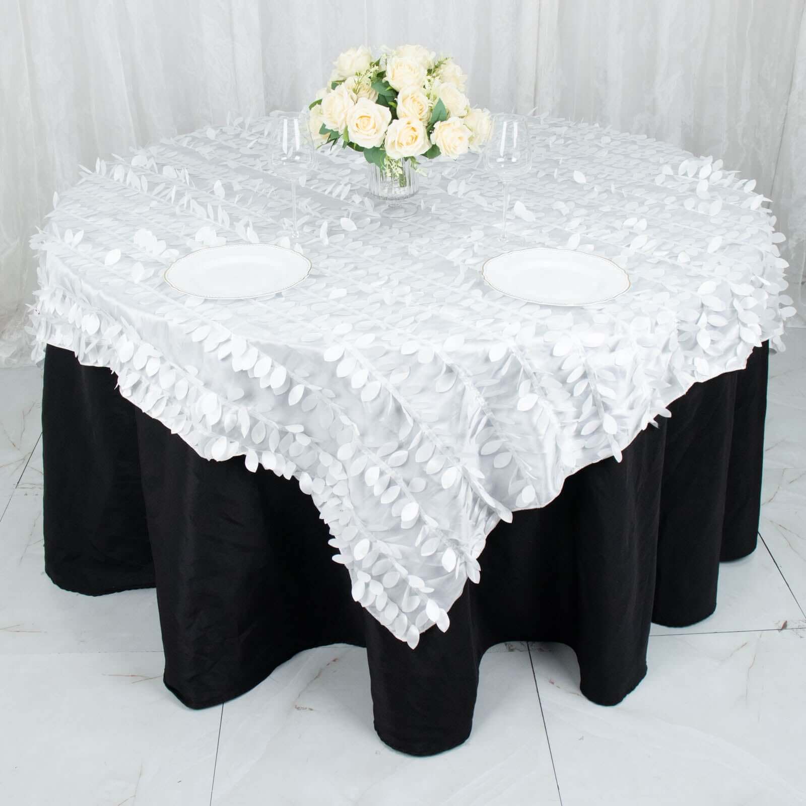 Taffeta 72x72 Table Overlay Square Tablecloth White 3D Leaf Petal Design for Stylish Celebrations