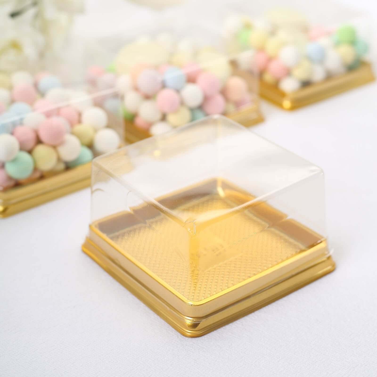 50 Pack Clear Gold Square Mini Plastic Cupcake Party Favor Boxes, Muffin Dessert Containers - 4x4x2.5